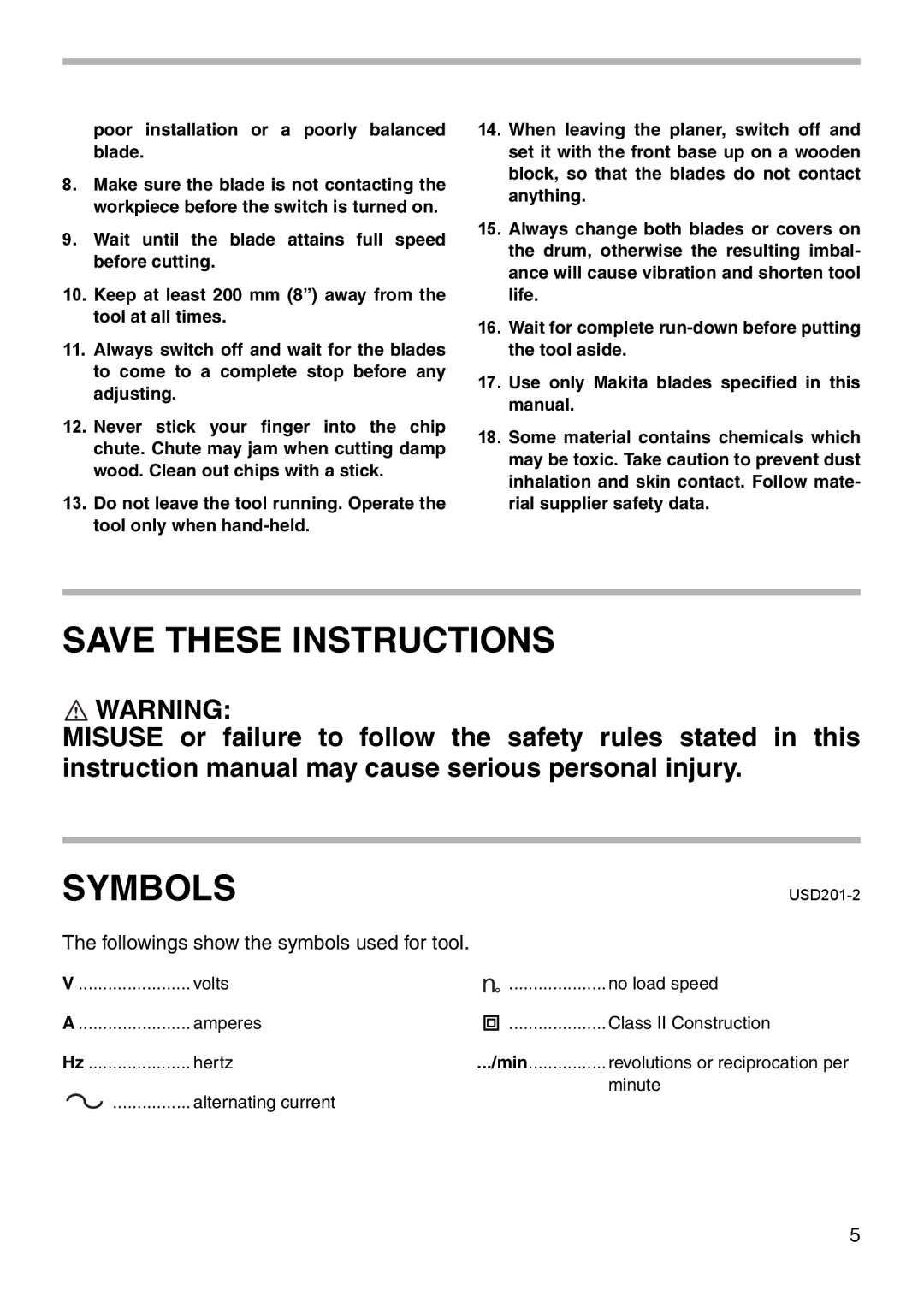 Makita 1902 instruction manual Symbols 