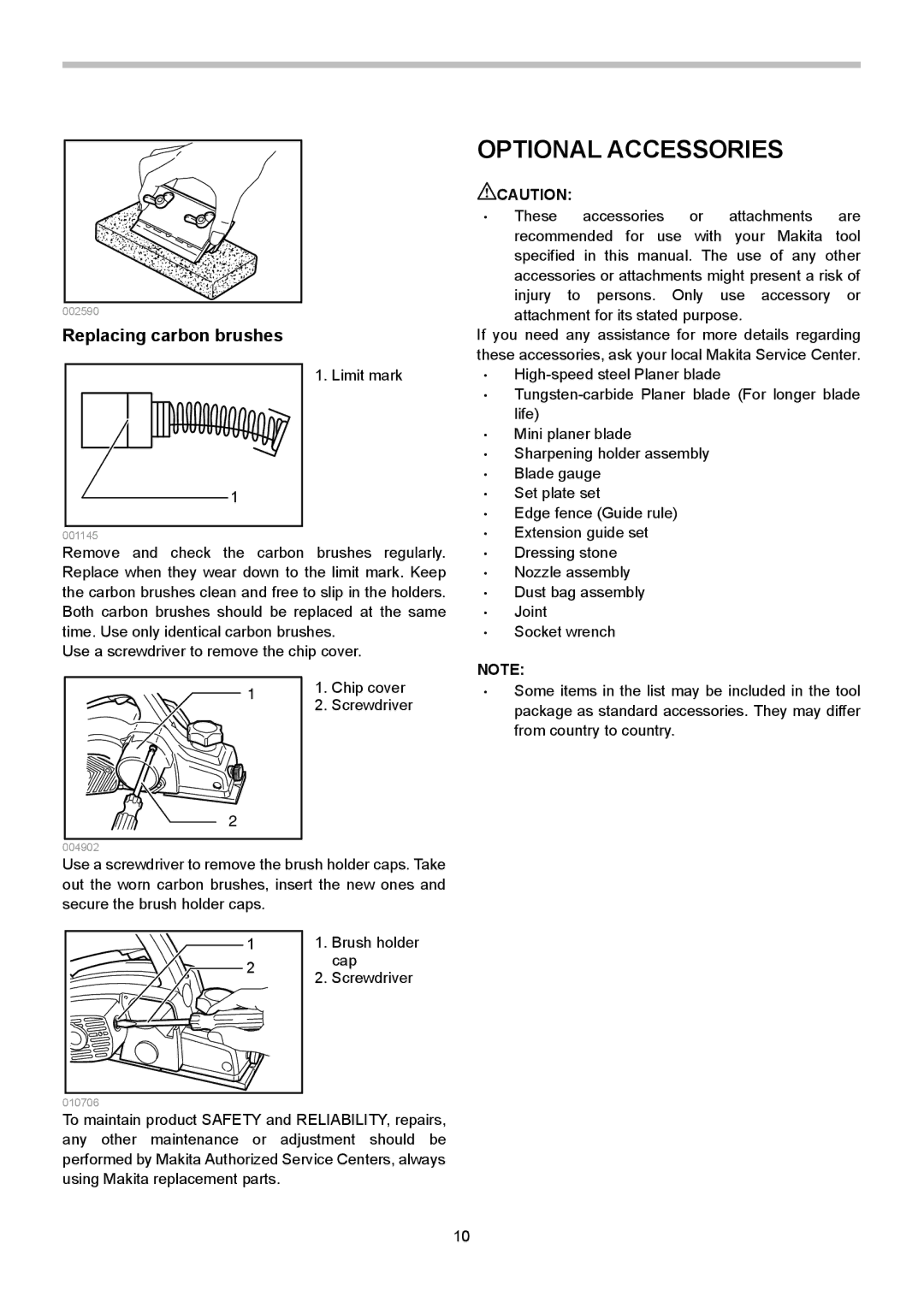 Makita 1902 instruction manual Optional Accessories, Replacing carbon brushes 