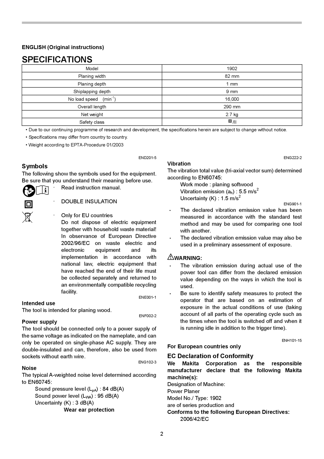 Makita 1902 instruction manual Specifications, Symbols, EC Declaration of Conformity 