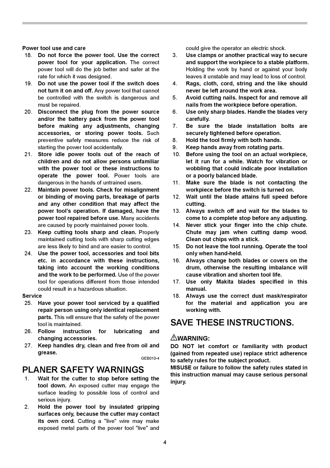 Makita 1902 instruction manual Planer Safety Warnings, Could give the operator an electric shock 