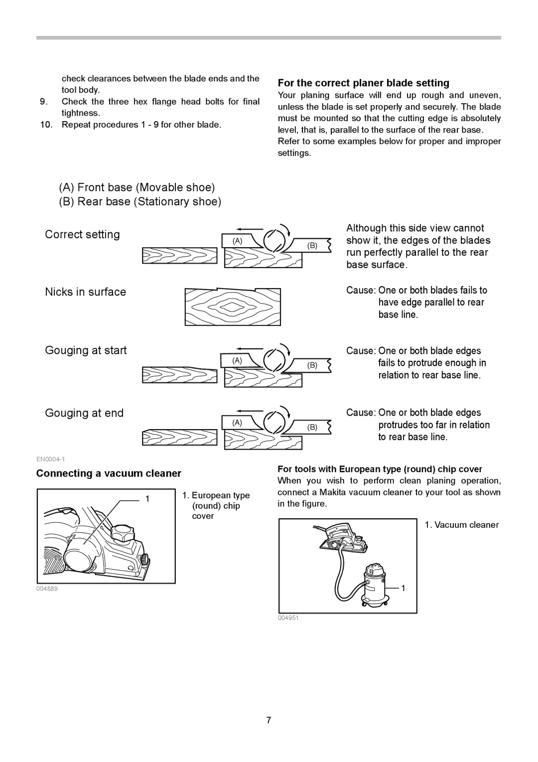 Makita 1902 instruction manual Gouging at end, For the correct planer blade setting 