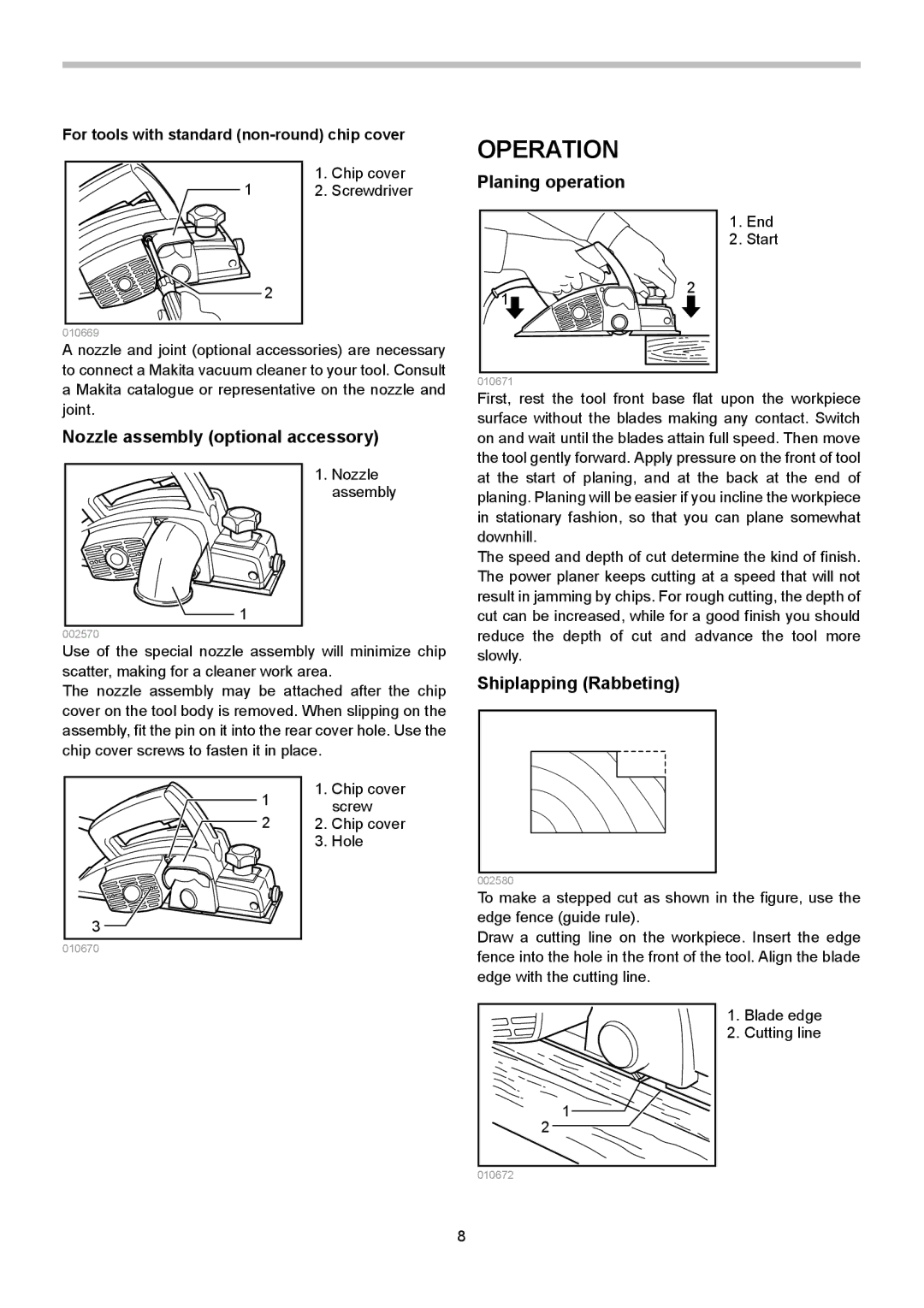 Makita 1902 instruction manual Operation, Nozzle assembly optional accessory, Planing operation, Shiplapping Rabbeting 