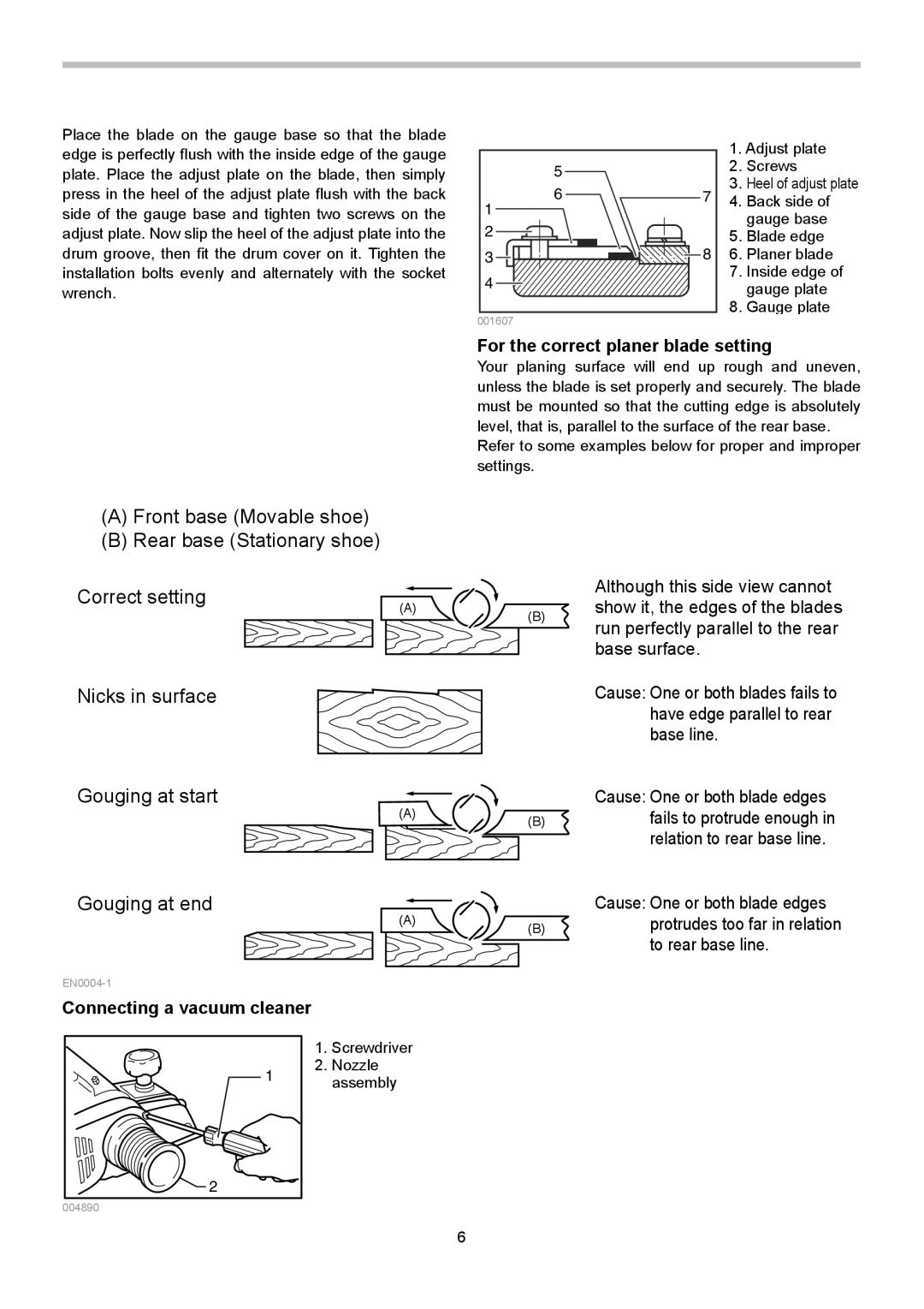 Makita 1911B instruction manual For the correct planer blade setting, Connecting a vacuum cleaner 