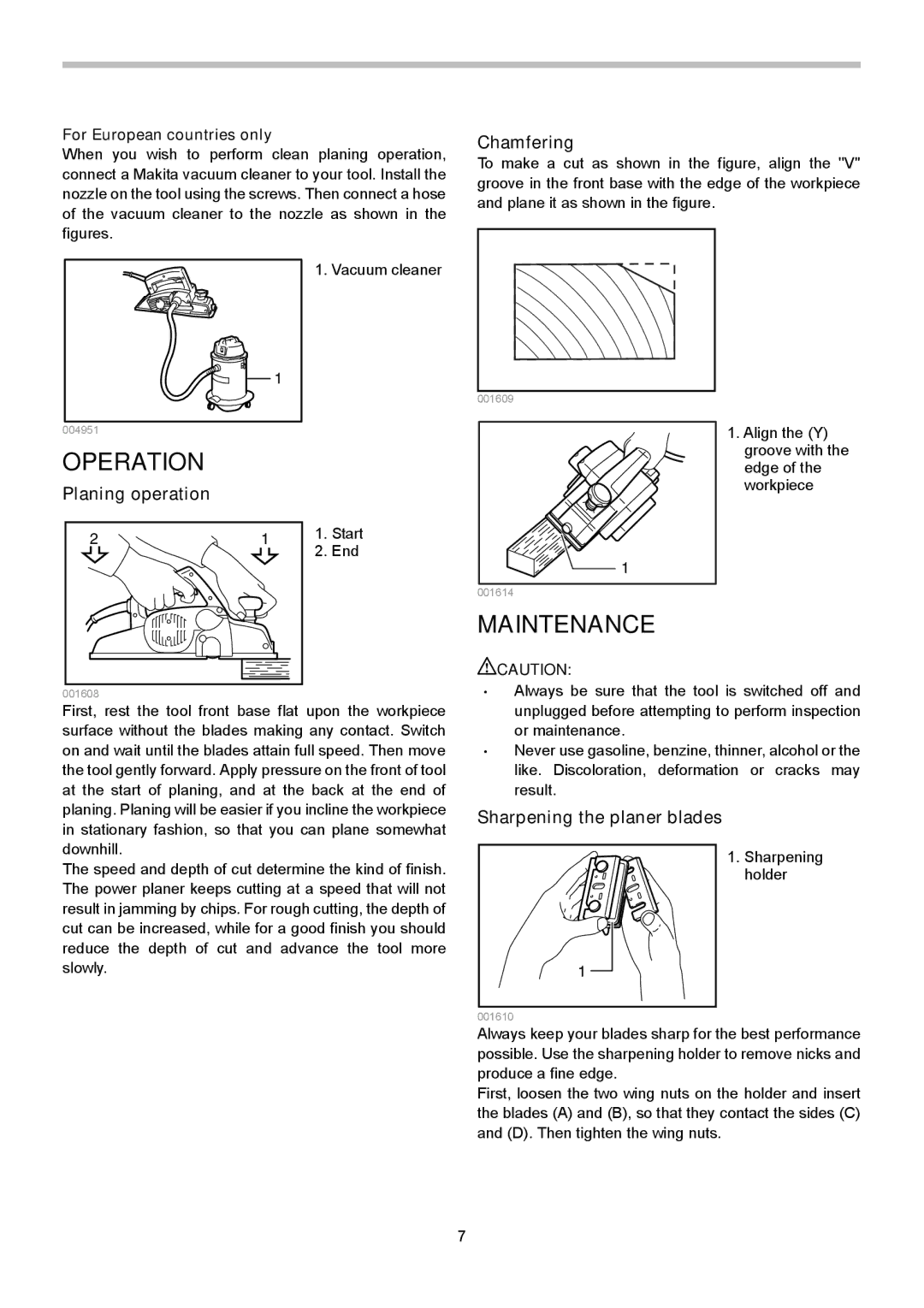 Makita 1911B instruction manual Operation, Maintenance, Chamfering, Planing operation, Sharpening the planer blades 