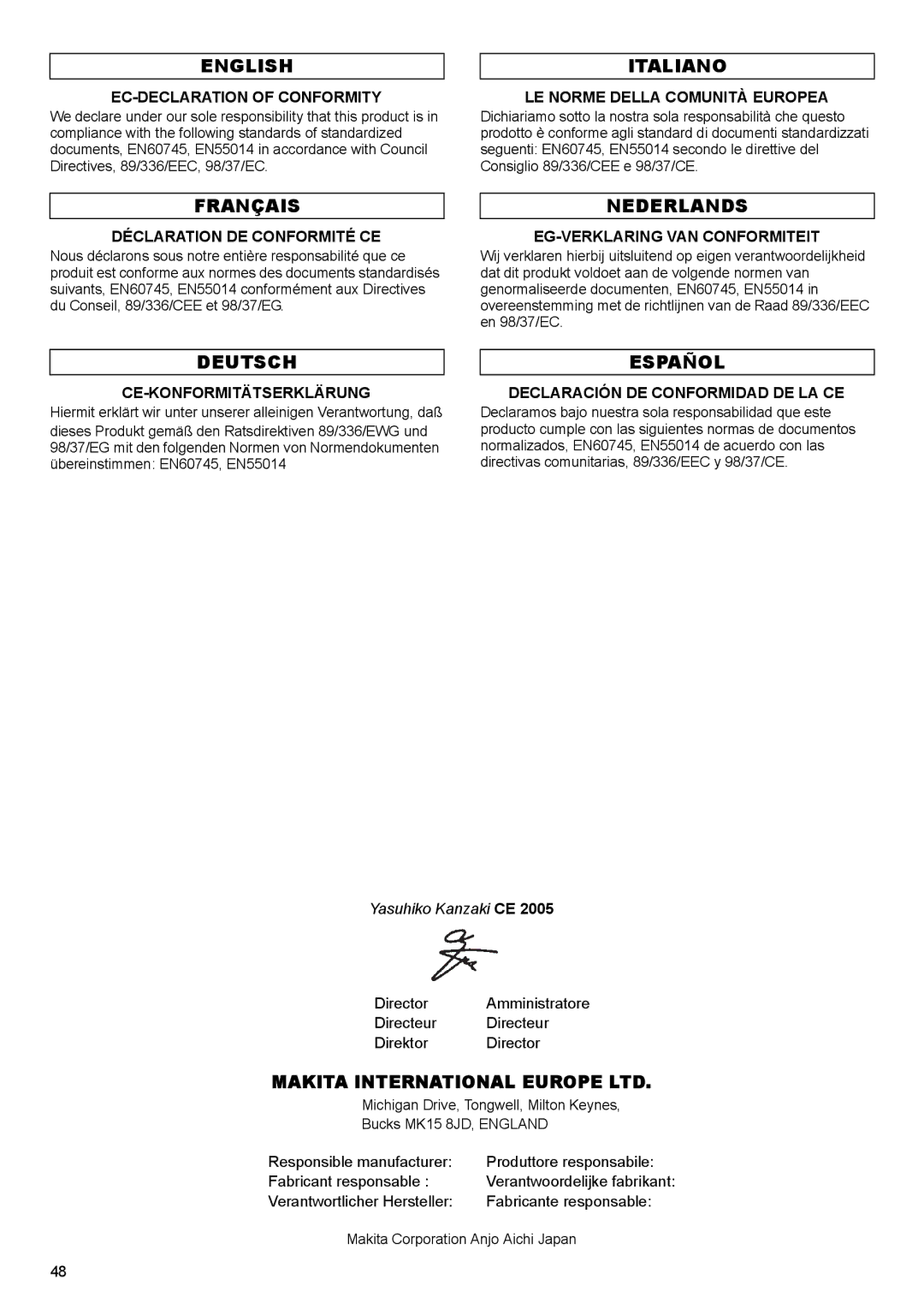 Makita 2001 HSC EC-DECLARATION of Conformity, Déclaration DE Conformité CE, LE Norme Della Comunità Europea 