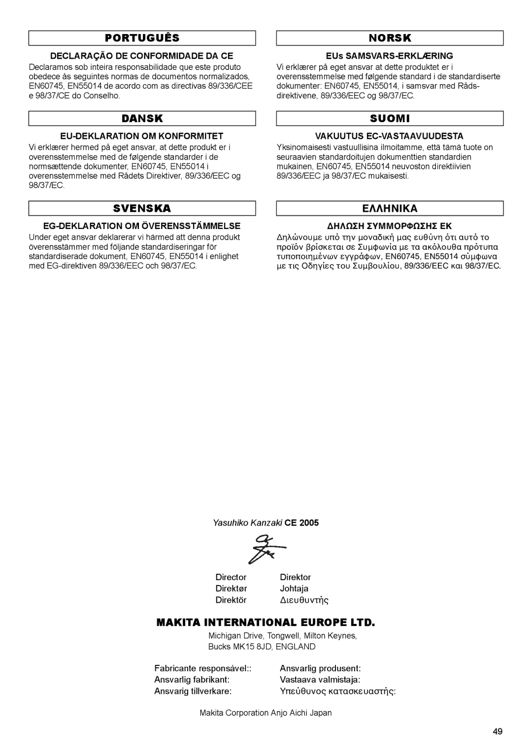 Makita 2001 HSC instruction manual Declaração DE Conformidade DA CE, EU-DEKLARATION OM Konformitet, EUs SAMSVARS-ERKLÆRING 