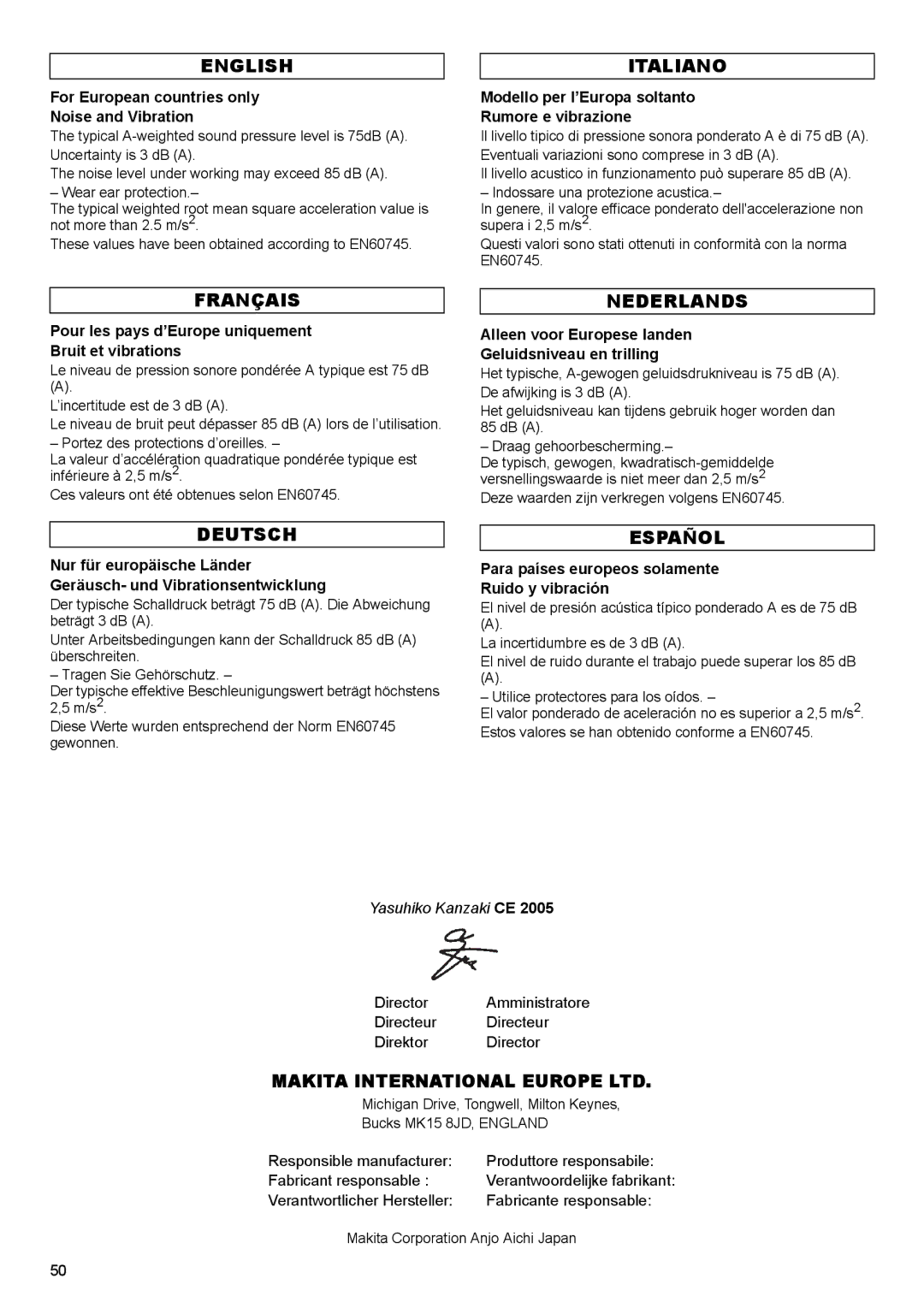 Makita 2001 HSC For European countries only Noise and Vibration, Modello per l’Europa soltanto Rumore e vibrazione 