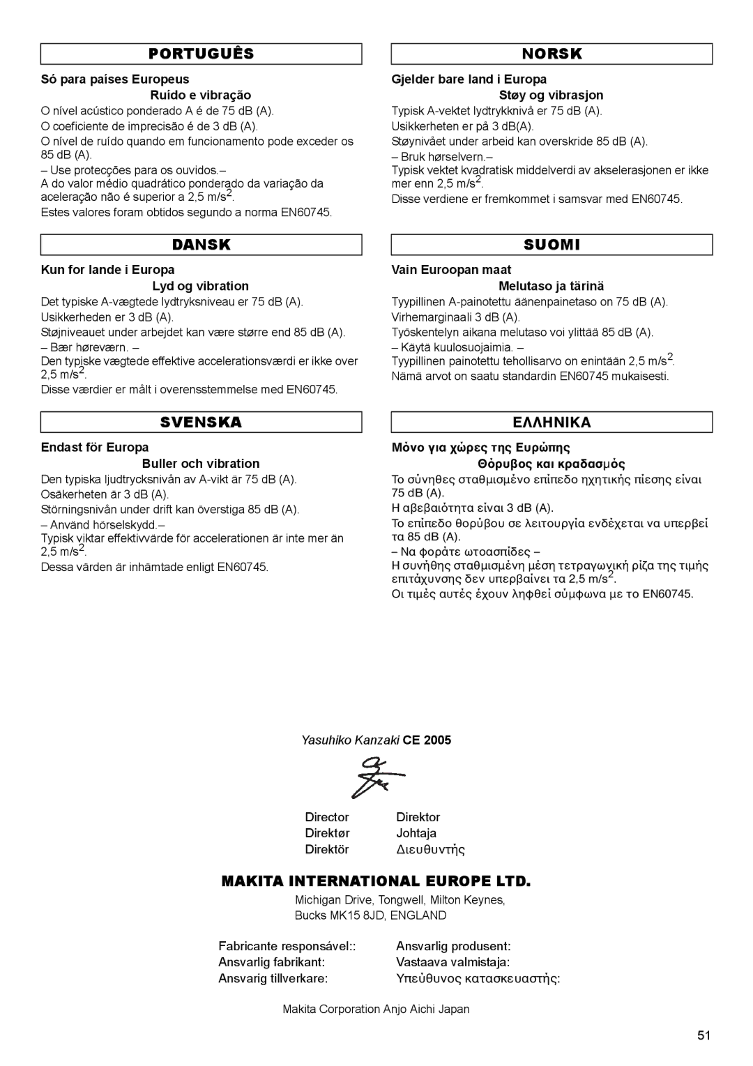 Makita 2001 HSC instruction manual Só para países Europeus Ruído e vibração, Kun for lande i Europa Lyd og vibration 