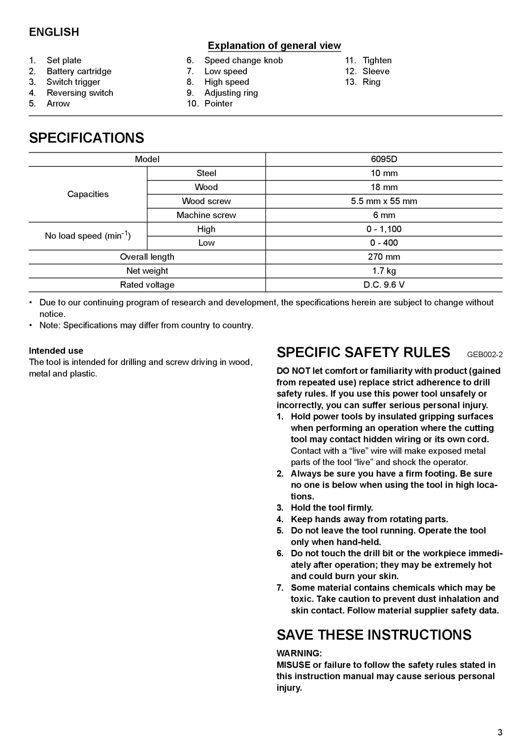 Makita 2001 HSC instruction manual Specifications, Specific Safety Rules GEB002-2, Intended use 