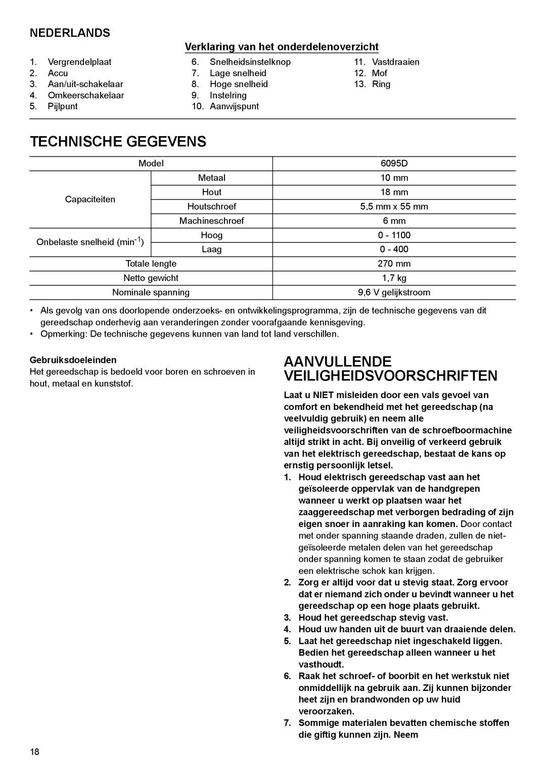 Makita 2001 HSC instruction manual Technische Gegevens, Gebruiksdoeleinden 