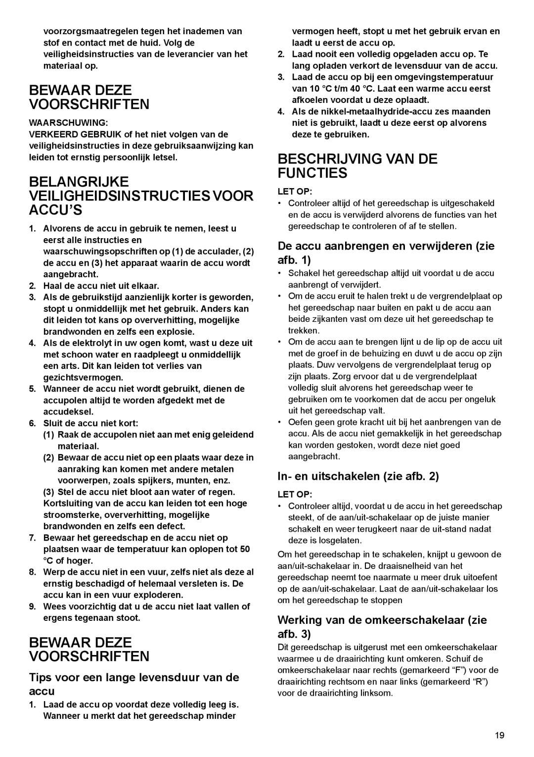 Makita 2001 HSC Bewaar Deze Voorschriften, Belangrijke Veiligheidsinstructies Voor ACCU’S, Beschrijving VAN DE Functies 