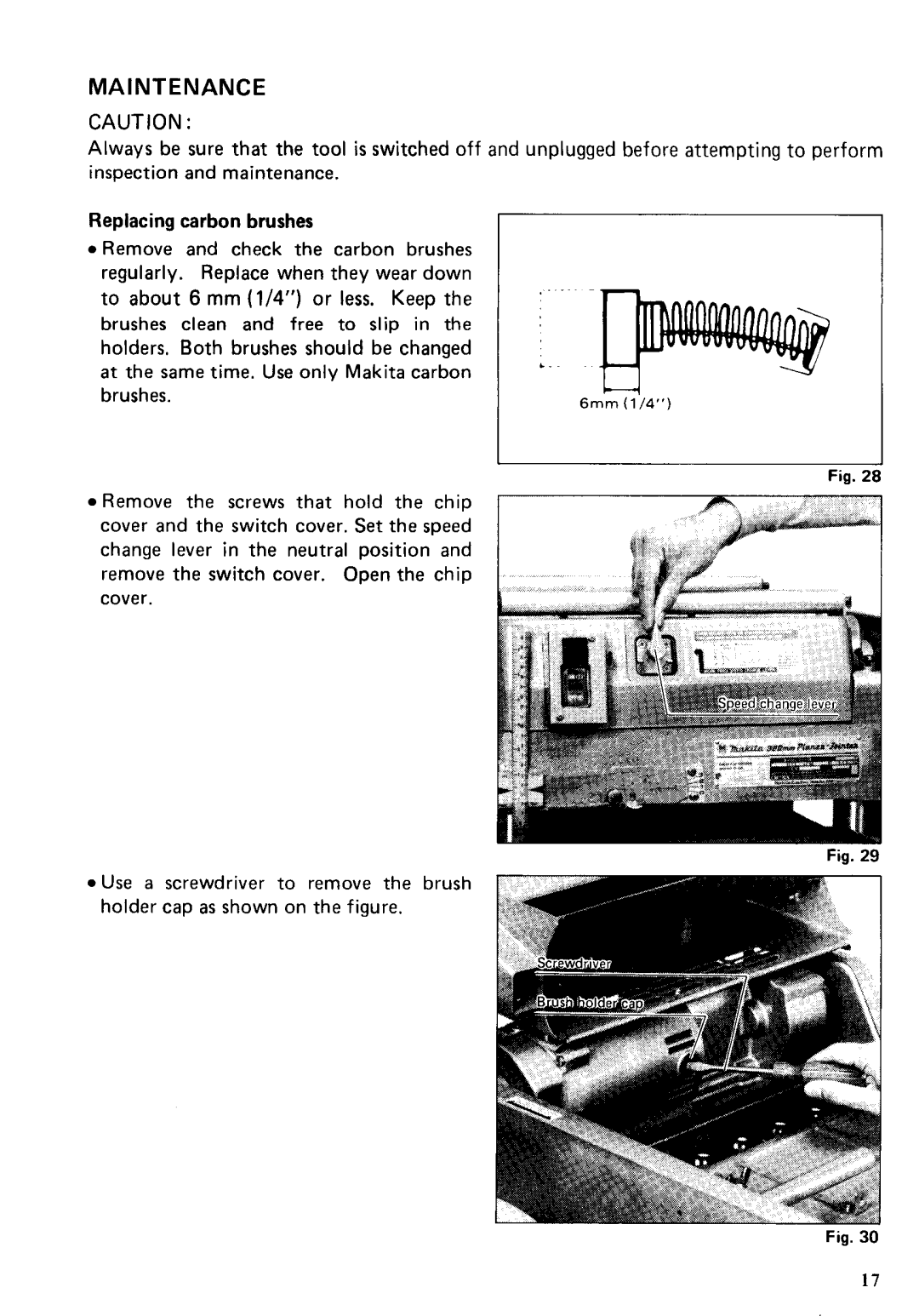 Makita 2030N instruction manual Maintenance, Replacing carbon brushes 