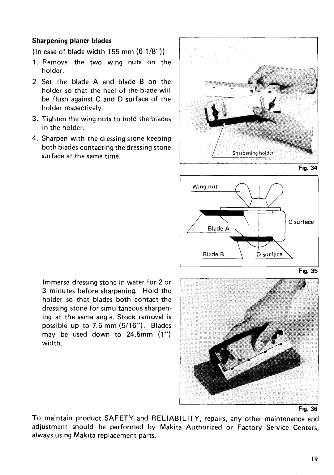 Makita 2030N instruction manual Sharpening planer blades 