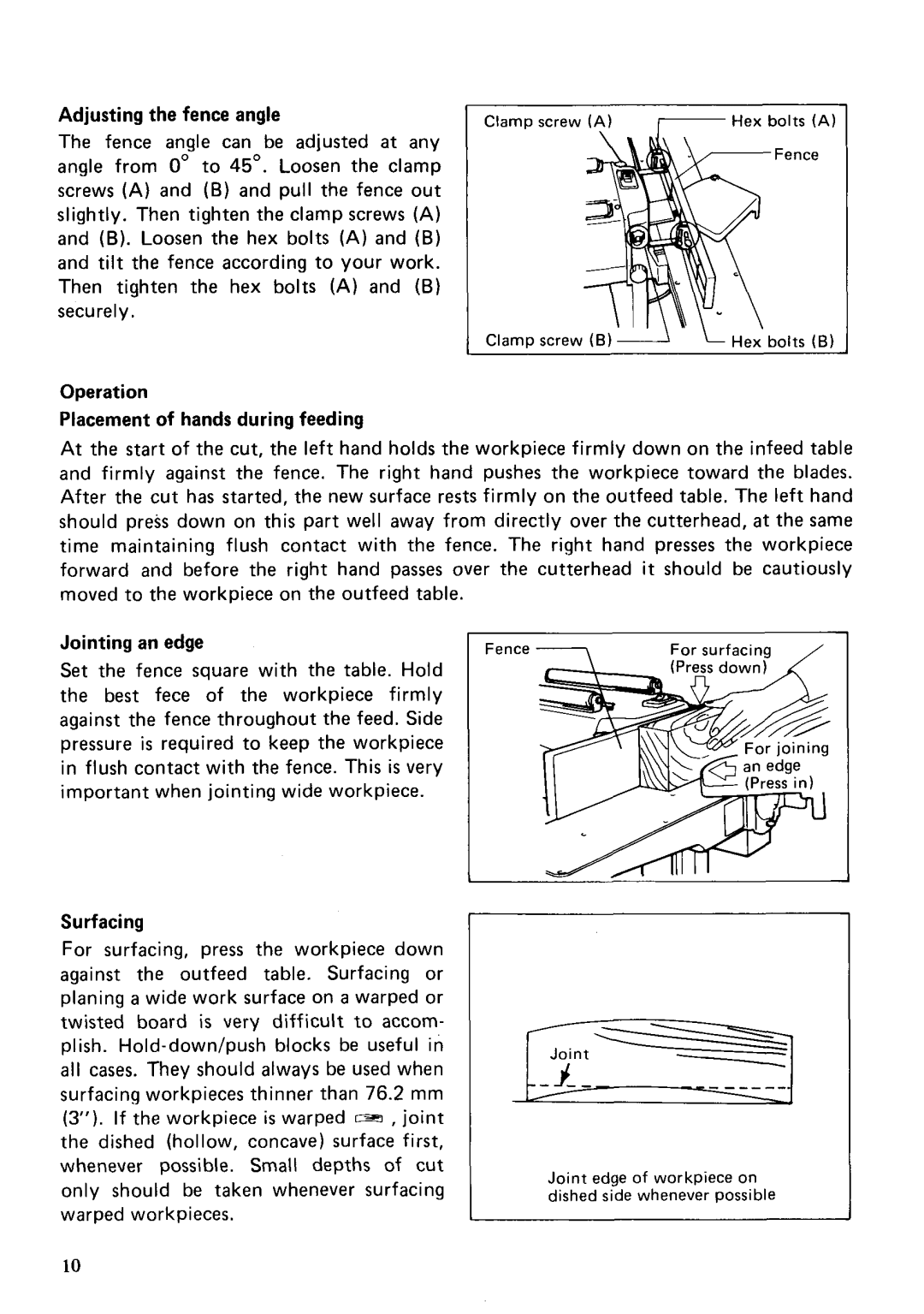 Makita 2030S Adjusting the fence angle, Operation Placement of hands during feeding, Jointing an edge, Surfacing 