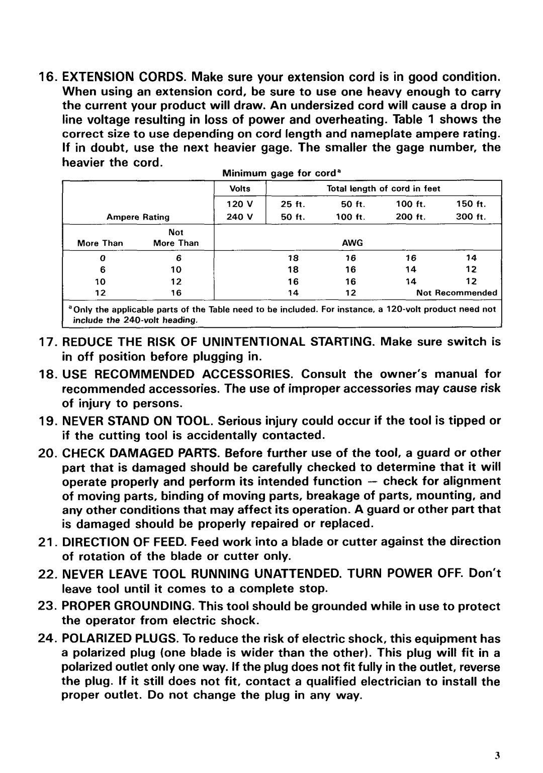 Makita 2030S instruction manual Minimum aaae for cord 