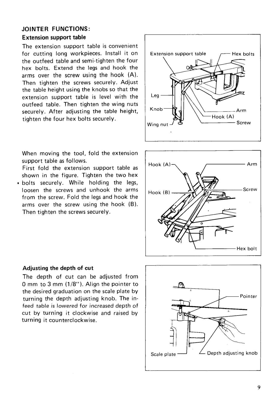 Makita 2030S instruction manual Extension support table, Adjusting the depth of cut 