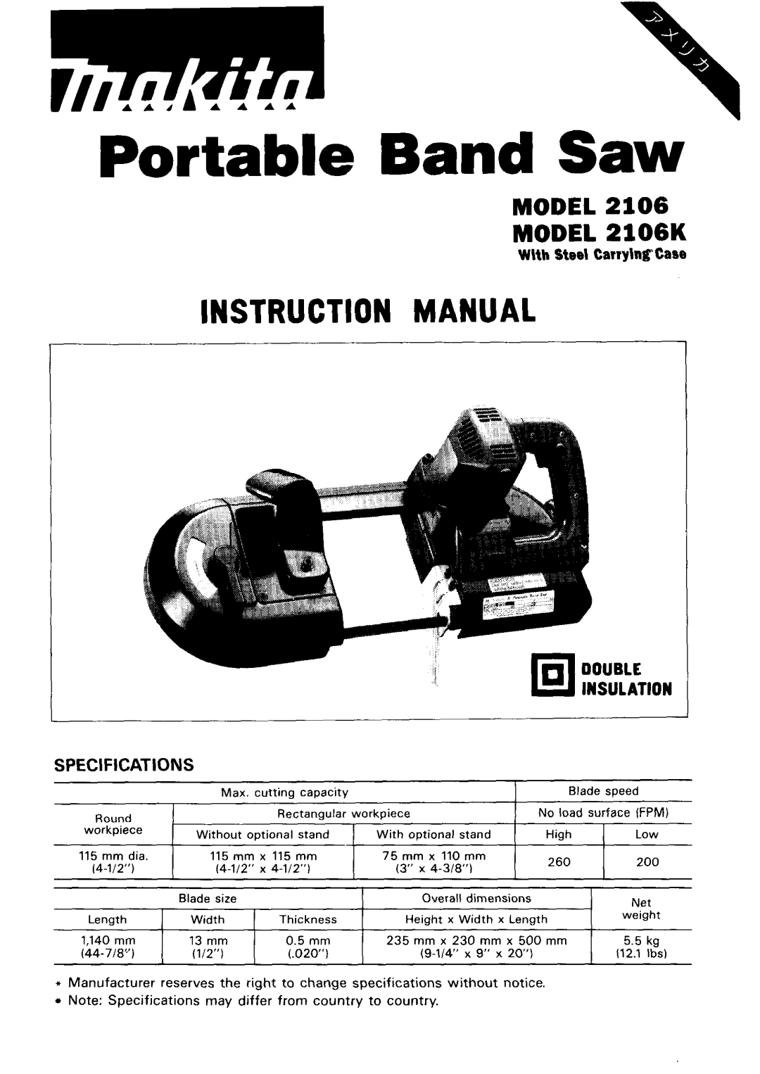 Makita 2106K specifications Portable Band Saw 