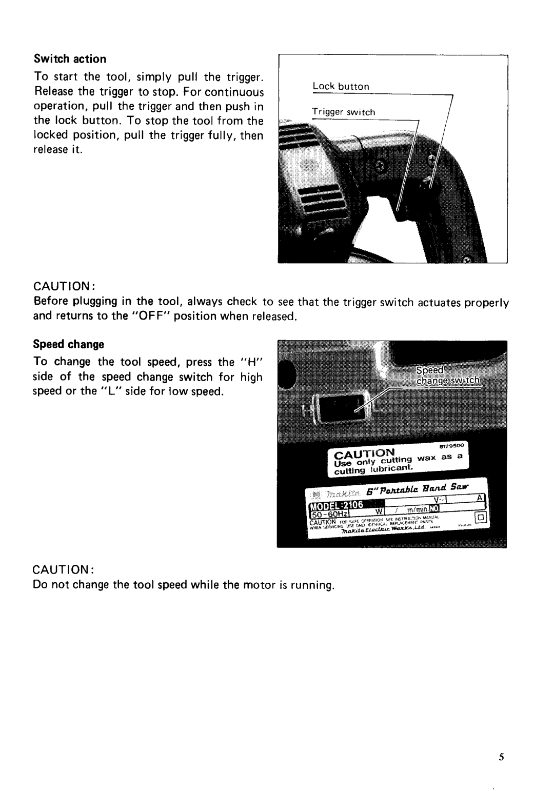 Makita 2106K specifications Speed change 