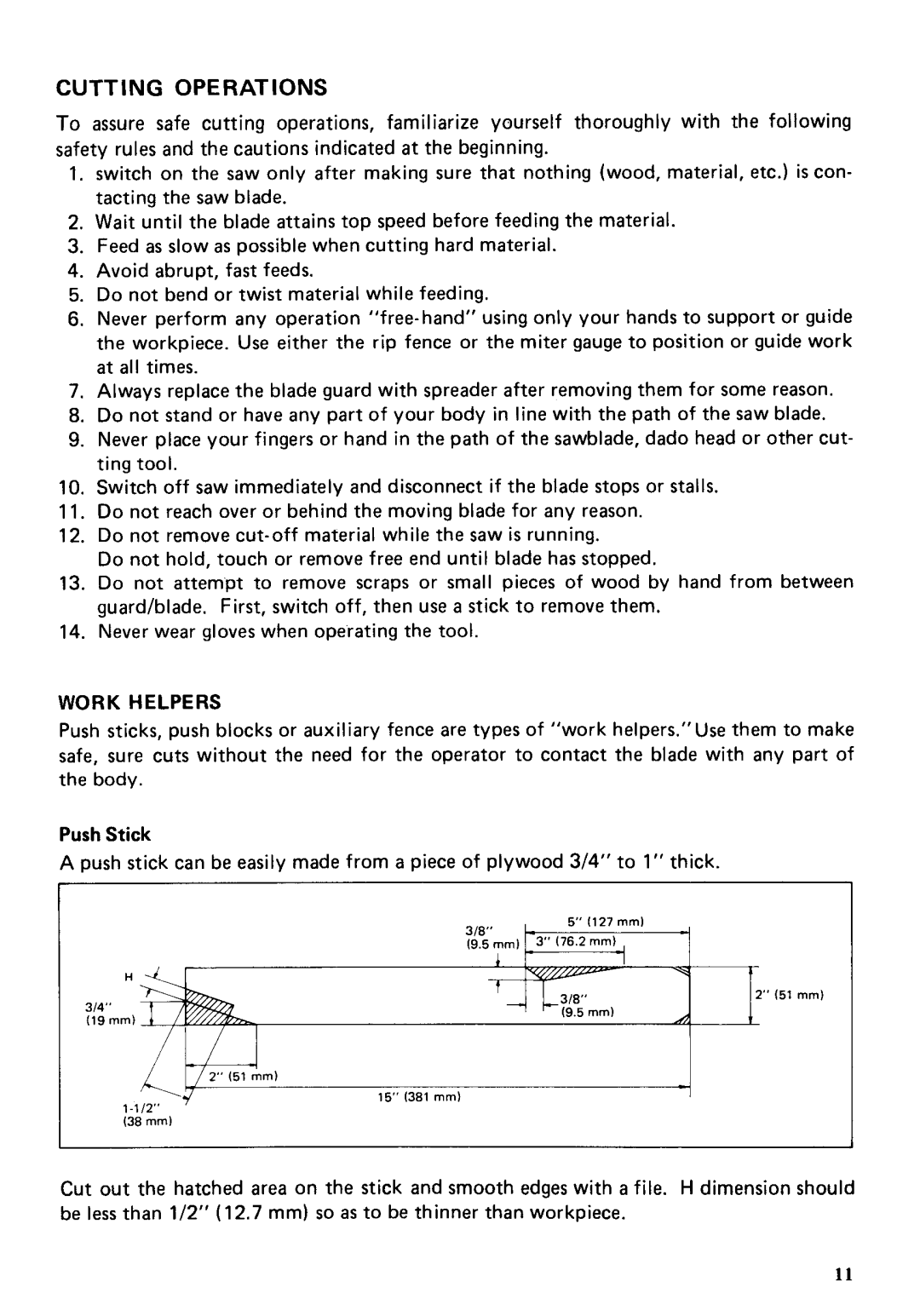 Makita 2708 instruction manual Work Helpers, Push Stick 