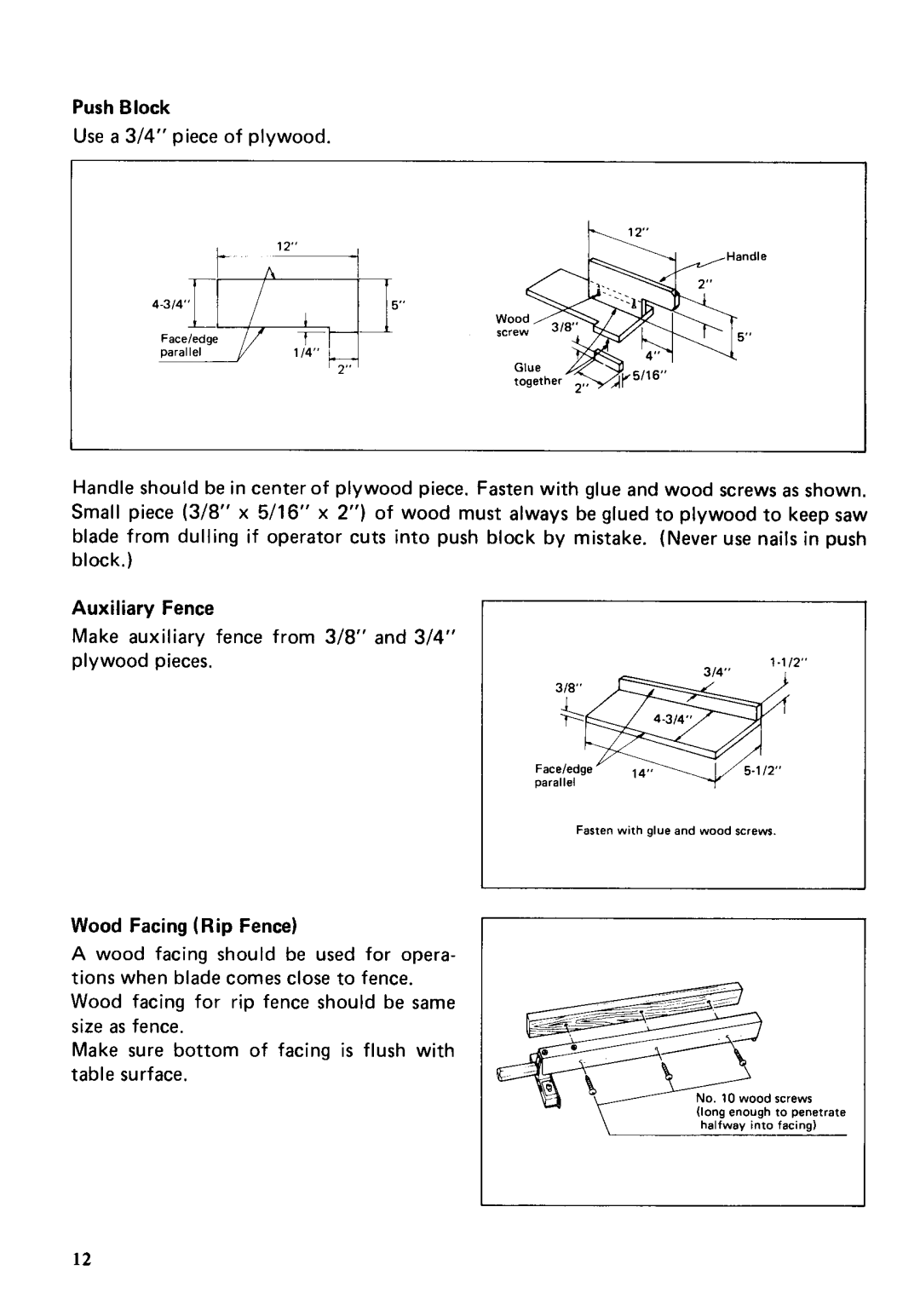 Makita 2708 instruction manual Push Block, Auxiliary Fence, Wood Facing Rip Fence 