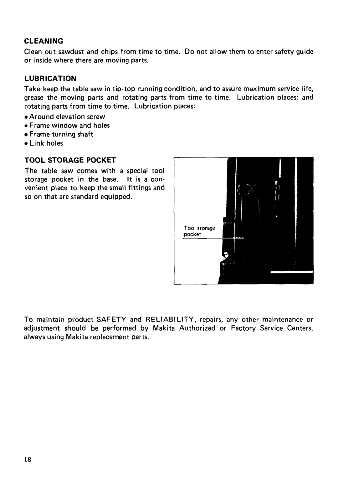 Makita 2708 instruction manual Cleaning, Lubr Icat ION, Tool Storage Pocket 