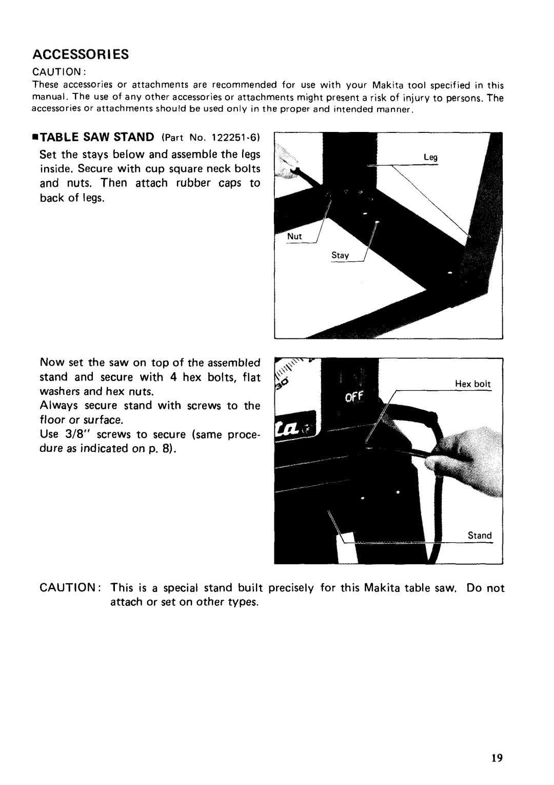 Makita 2708 instruction manual Accessories, Table SAW Stand Part No 