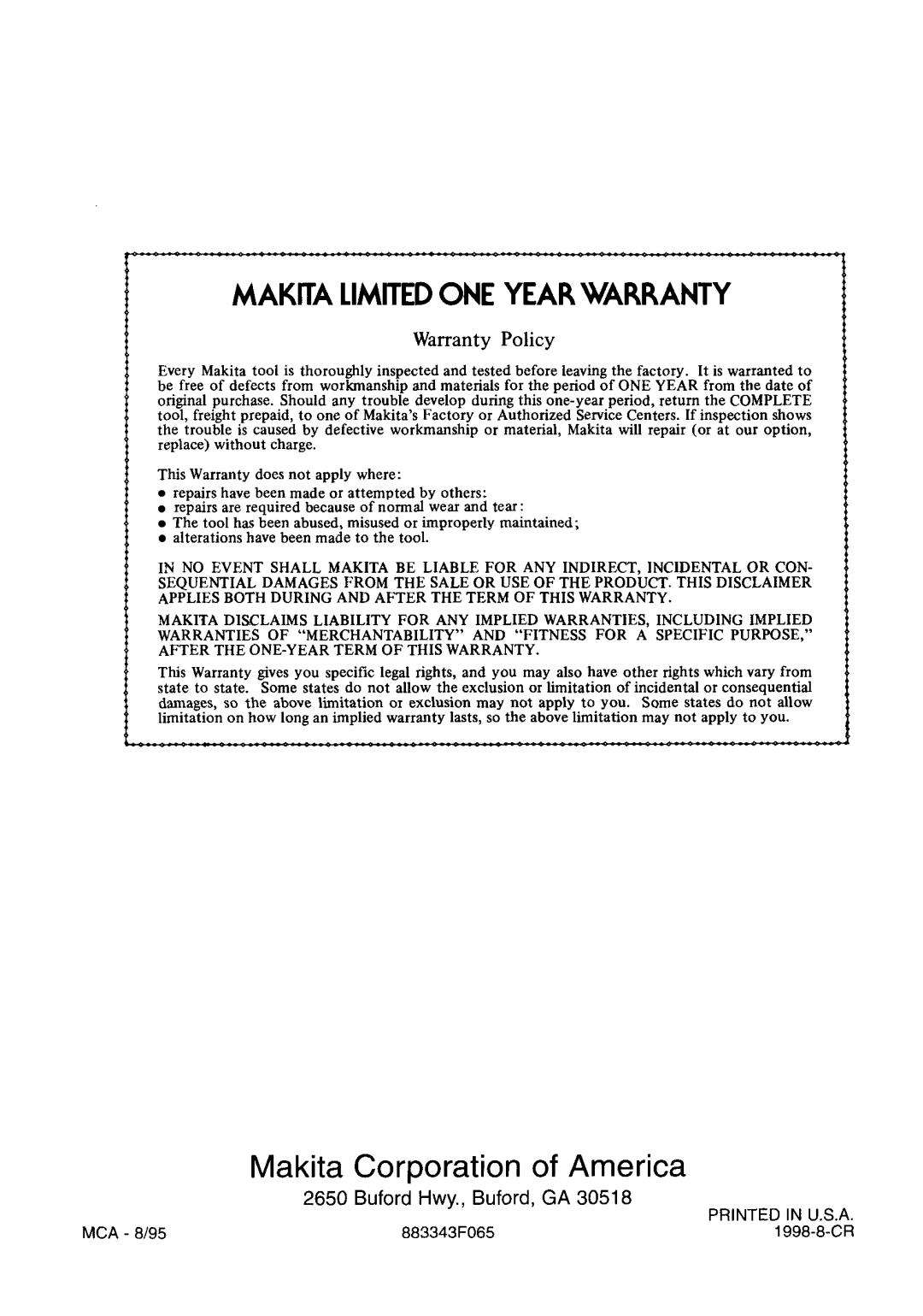 Makita 2708 instruction manual 9MAKITA Limitedone Year Warranty 