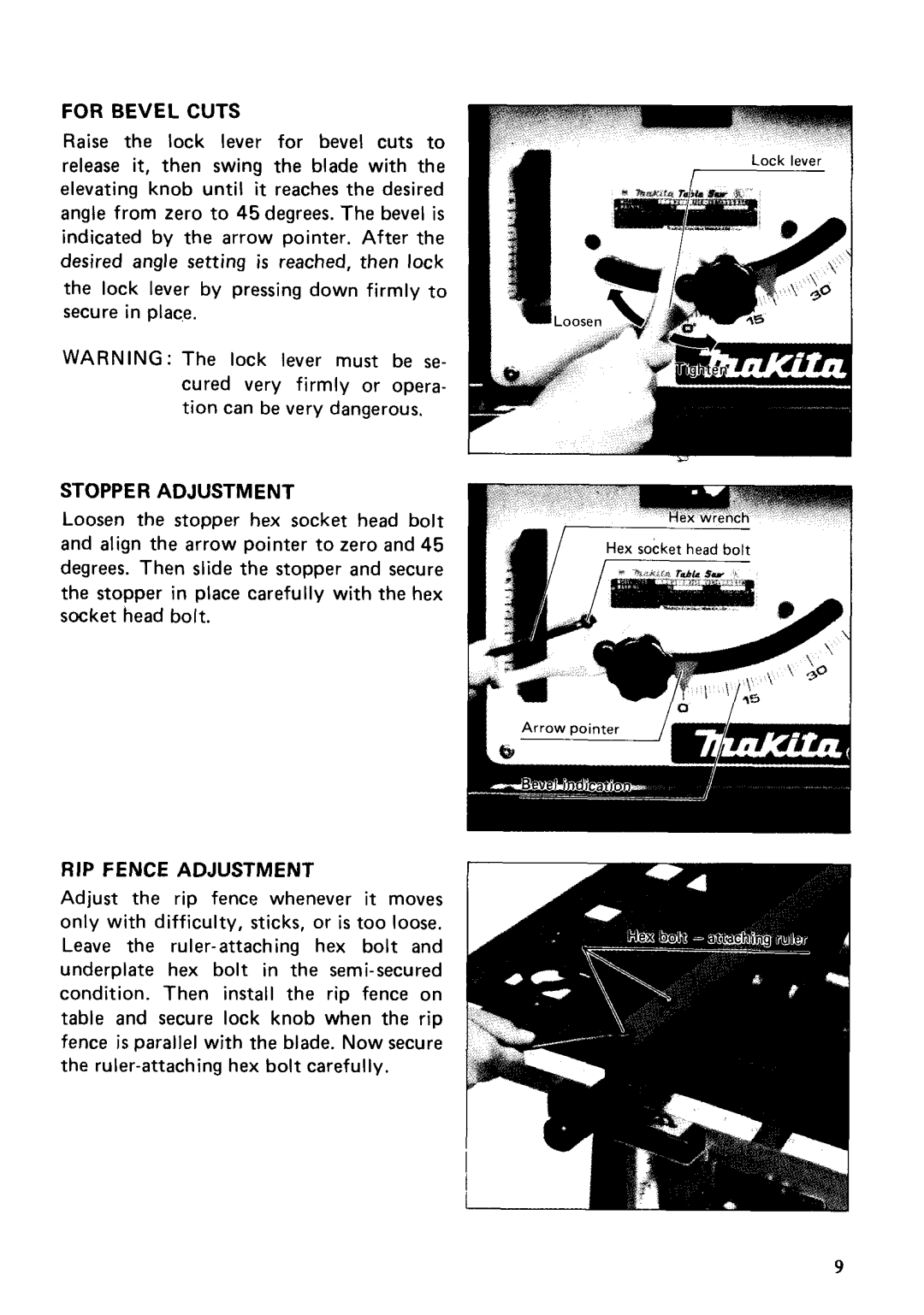 Makita 2708 instruction manual For Bevel Cuts, Stopper Adjustment, RIP Fence Adjustment 