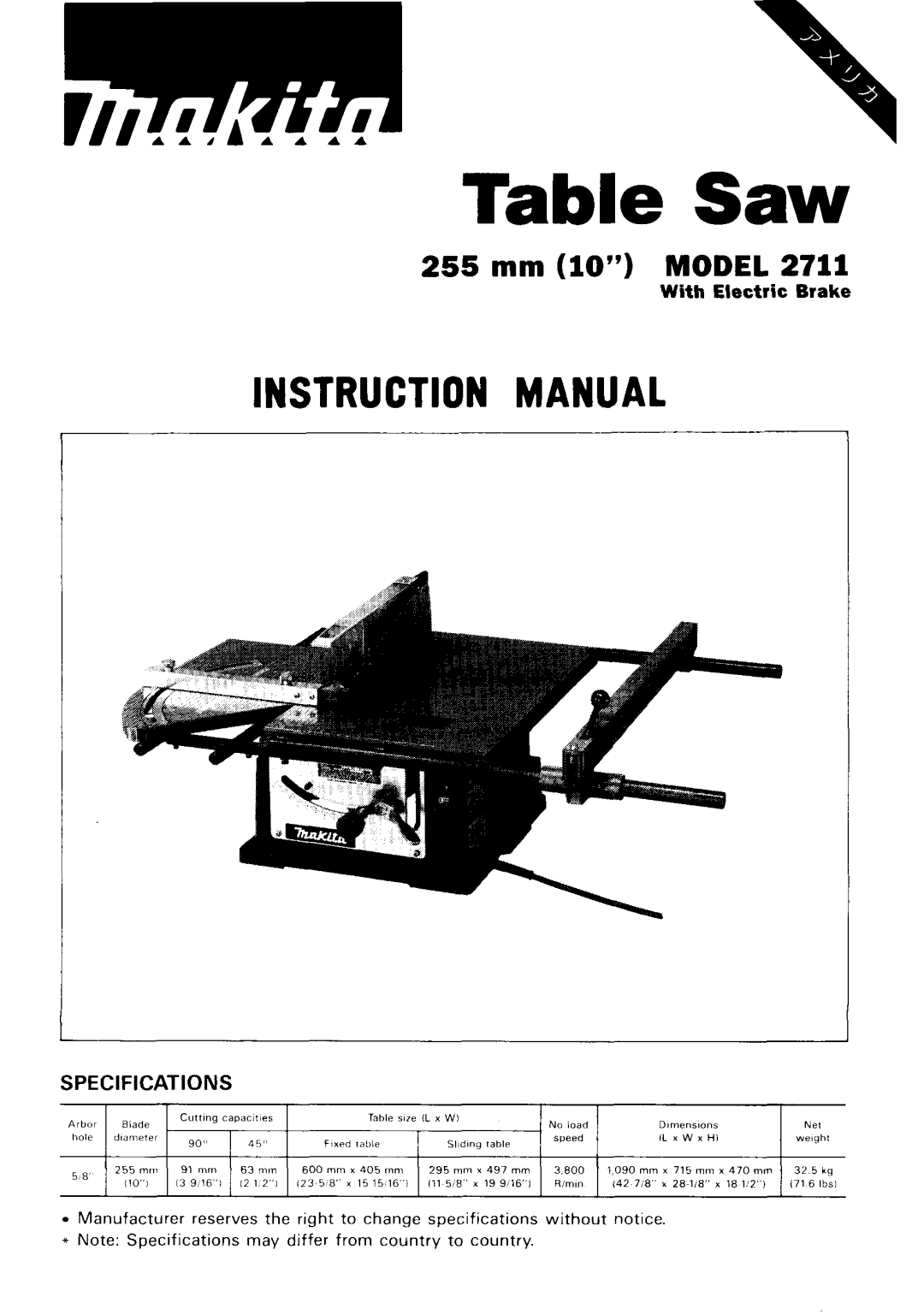 Makita 2711 instruction manual Table Saw 