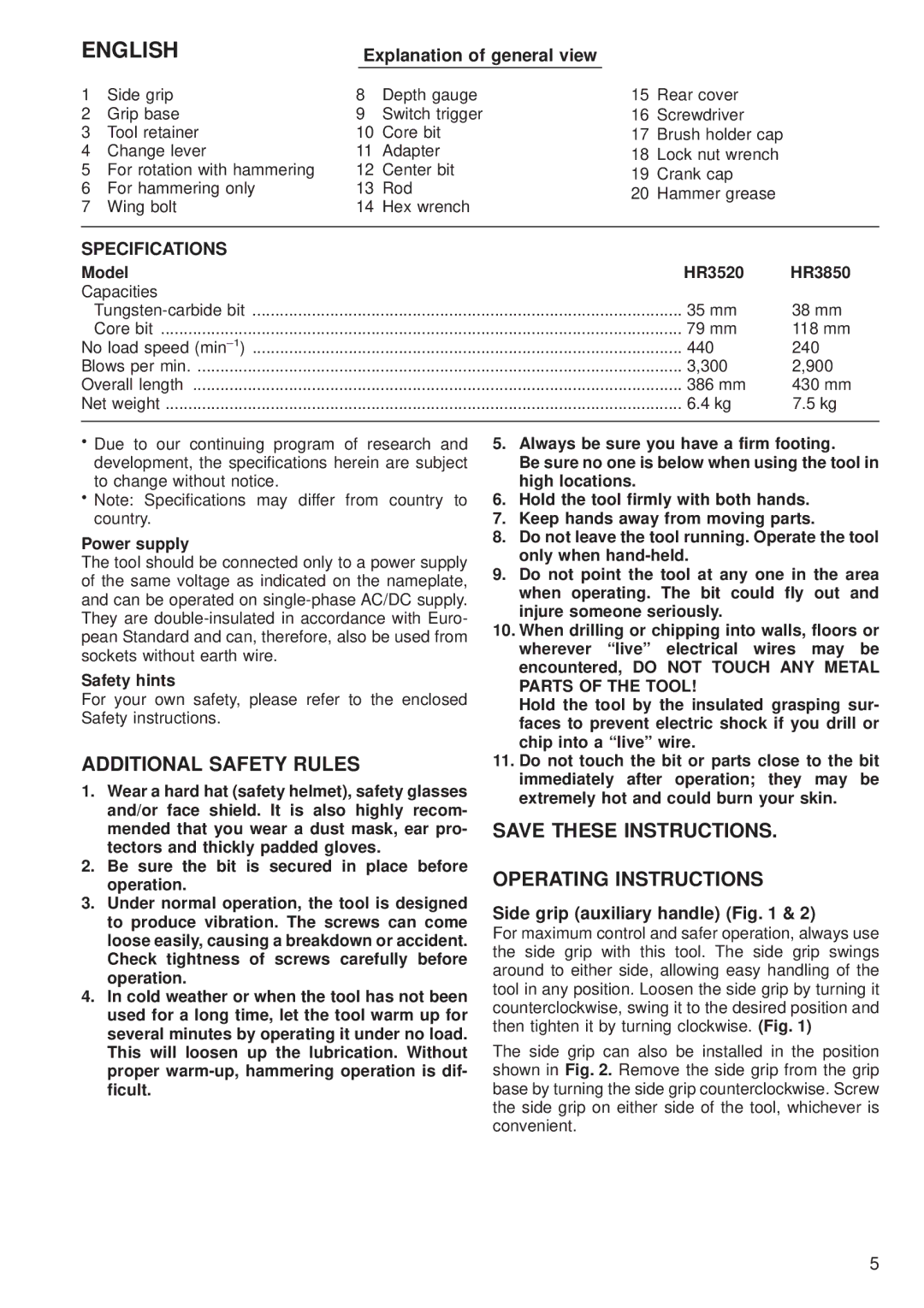 Makita 35 mm HR3520 38 mm HR3850 Additional Safety Rules, Operating Instructions, Side grip auxiliary handle 