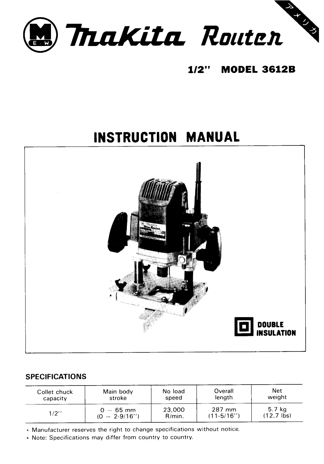 Makita instruction manual Model 3612B 