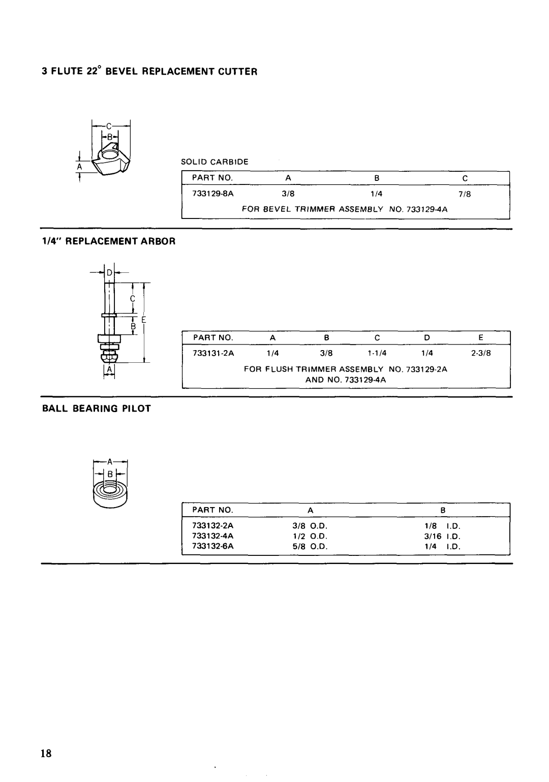 Makita 3612B instruction manual Flute 22 Bevel Replacement Cutter, 4REPLACEMENT Arbor, Ball Bearing Pilot 