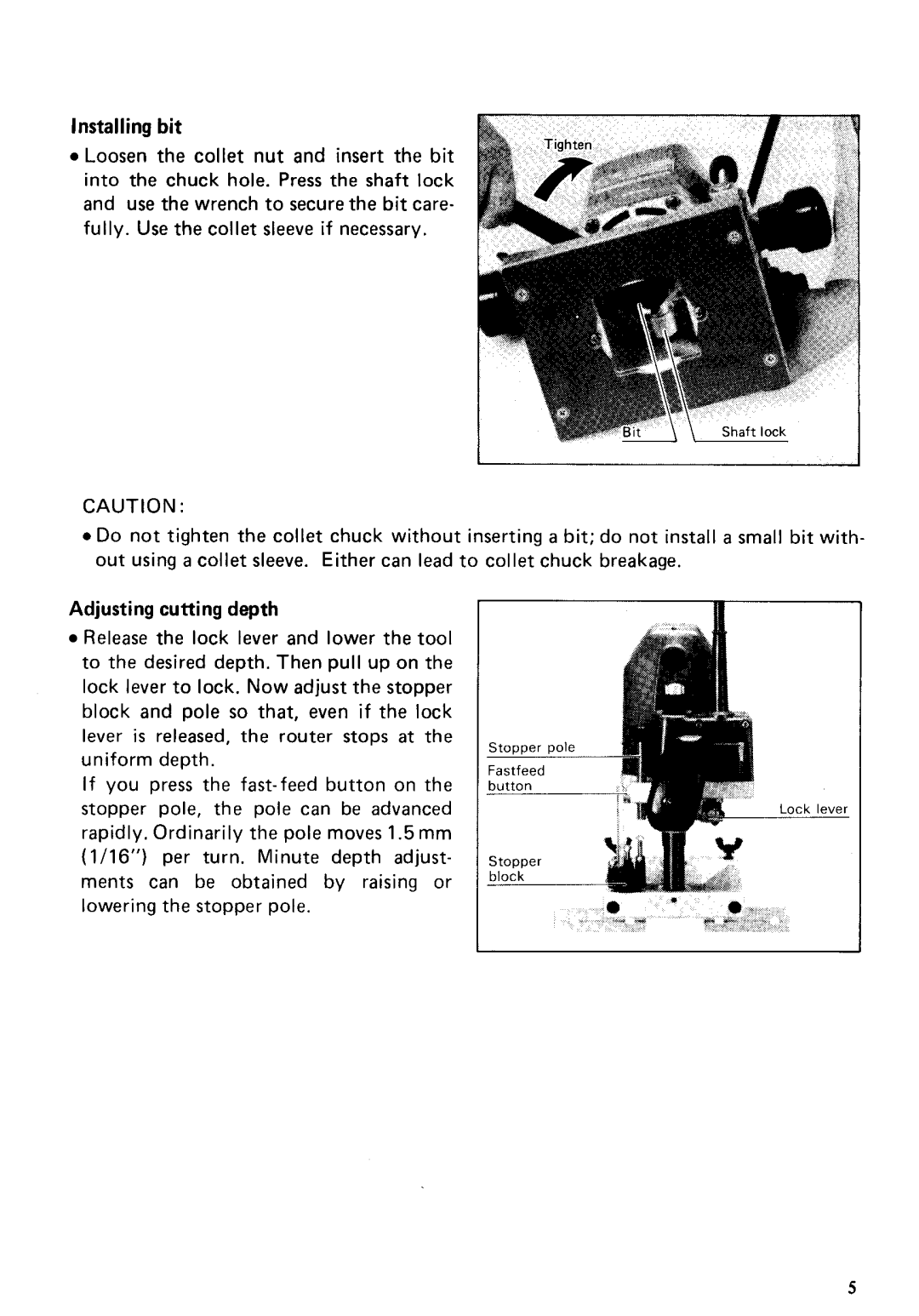 Makita 3612B instruction manual Installing bit, Adjusting cutting depth 