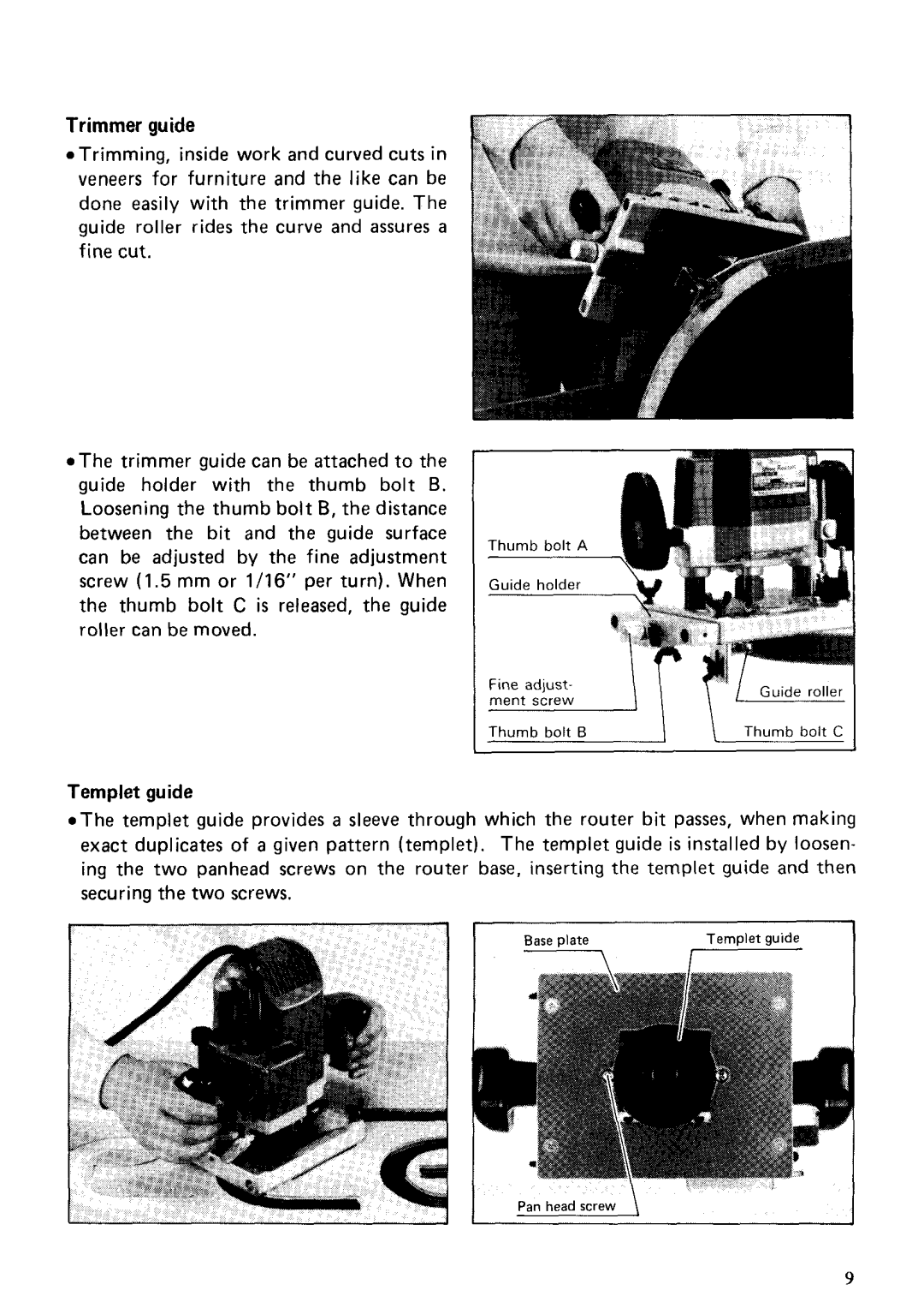 Makita 3612B instruction manual Trimmer guide, Templet guide 