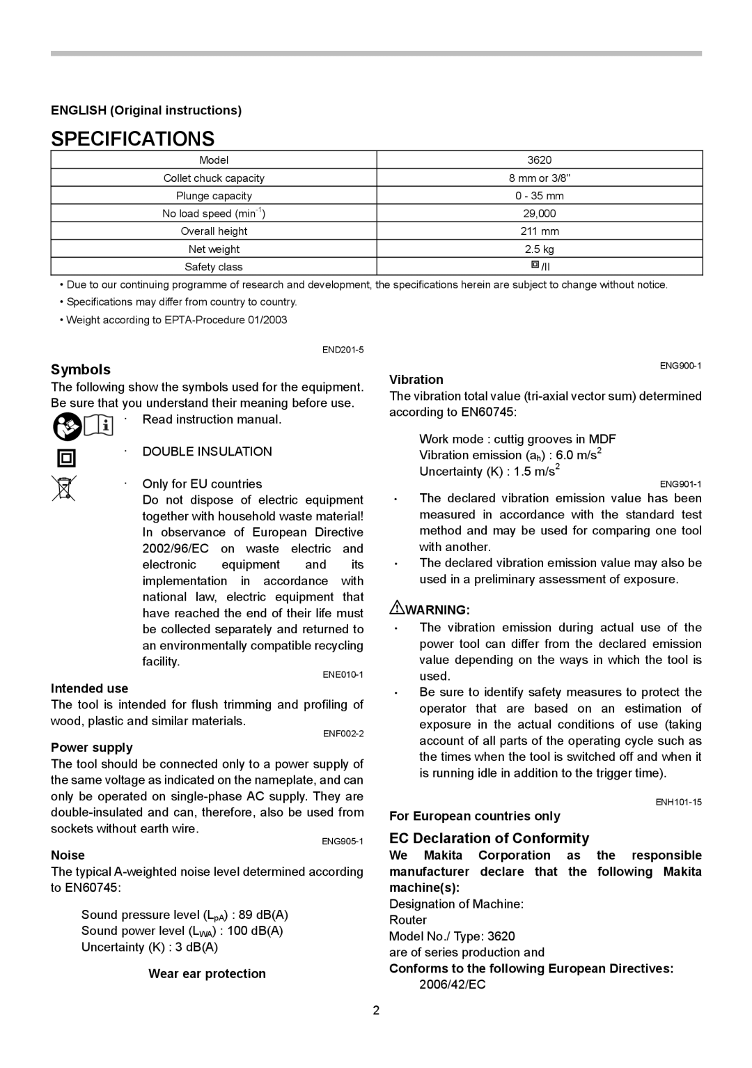 Makita 3620 instruction manual Specifications, Symbols, EC Declaration of Conformity 