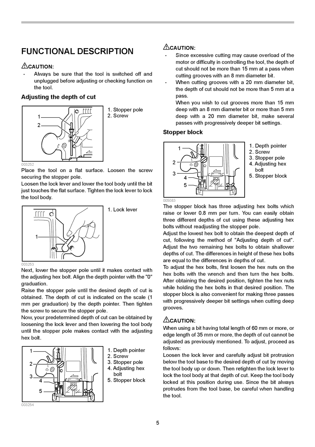 Makita 3620 instruction manual Functional Description, Adjusting the depth of cut, Stopper block 