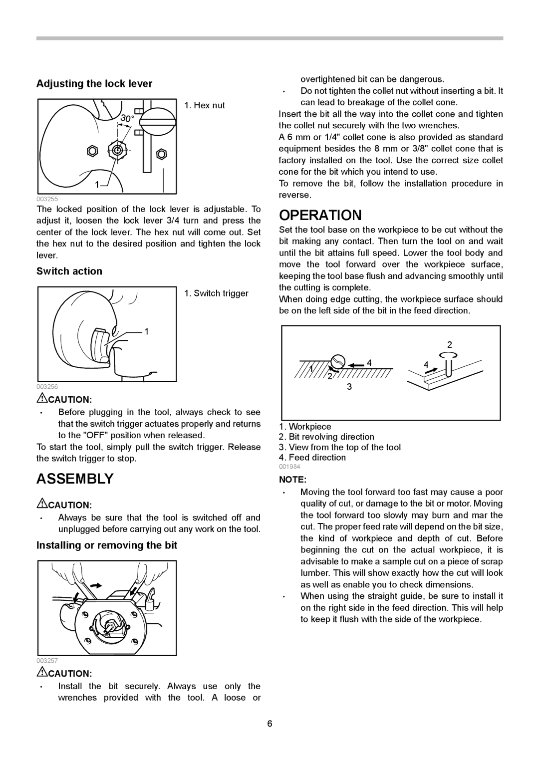 Makita 3620 instruction manual Operation, Assembly, Adjusting the lock lever, Switch action, Installing or removing the bit 