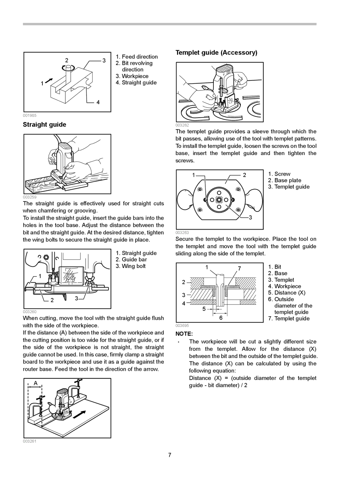 Makita 3620 instruction manual Straight guide, Templet guide Accessory 