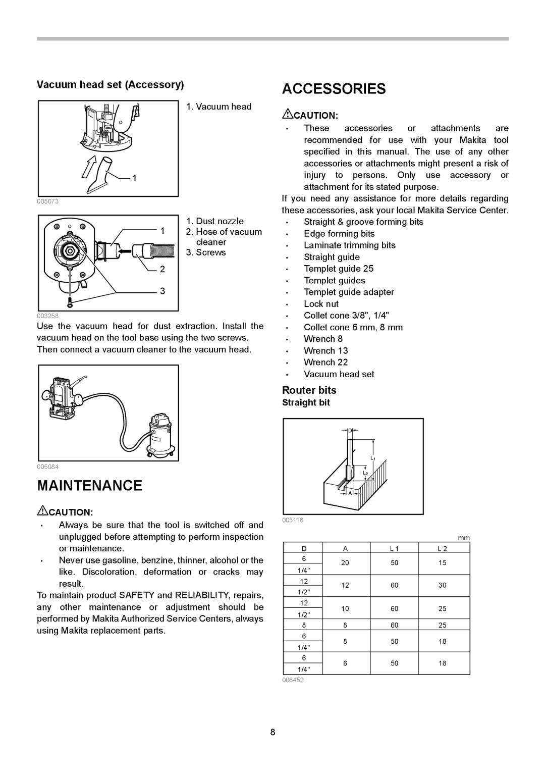 Makita 3620 instruction manual Accessories, Maintenance, Vacuum head set Accessory, Router bits 