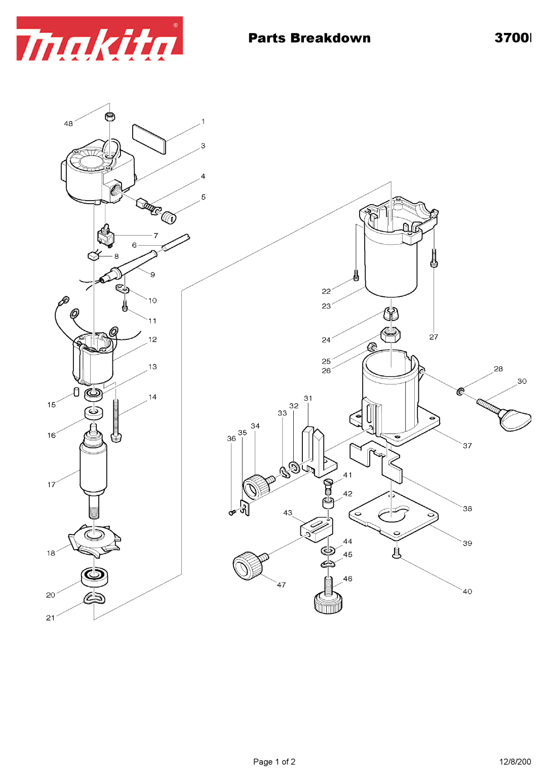 Makita 3700B manual Parts Breakdown 3700 