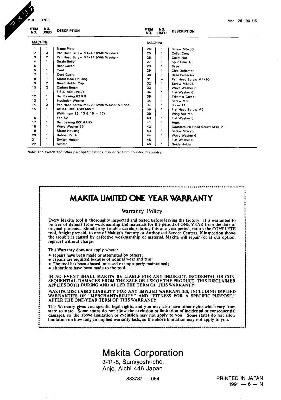 Makita 3703 instruction manual Makita Corporation 