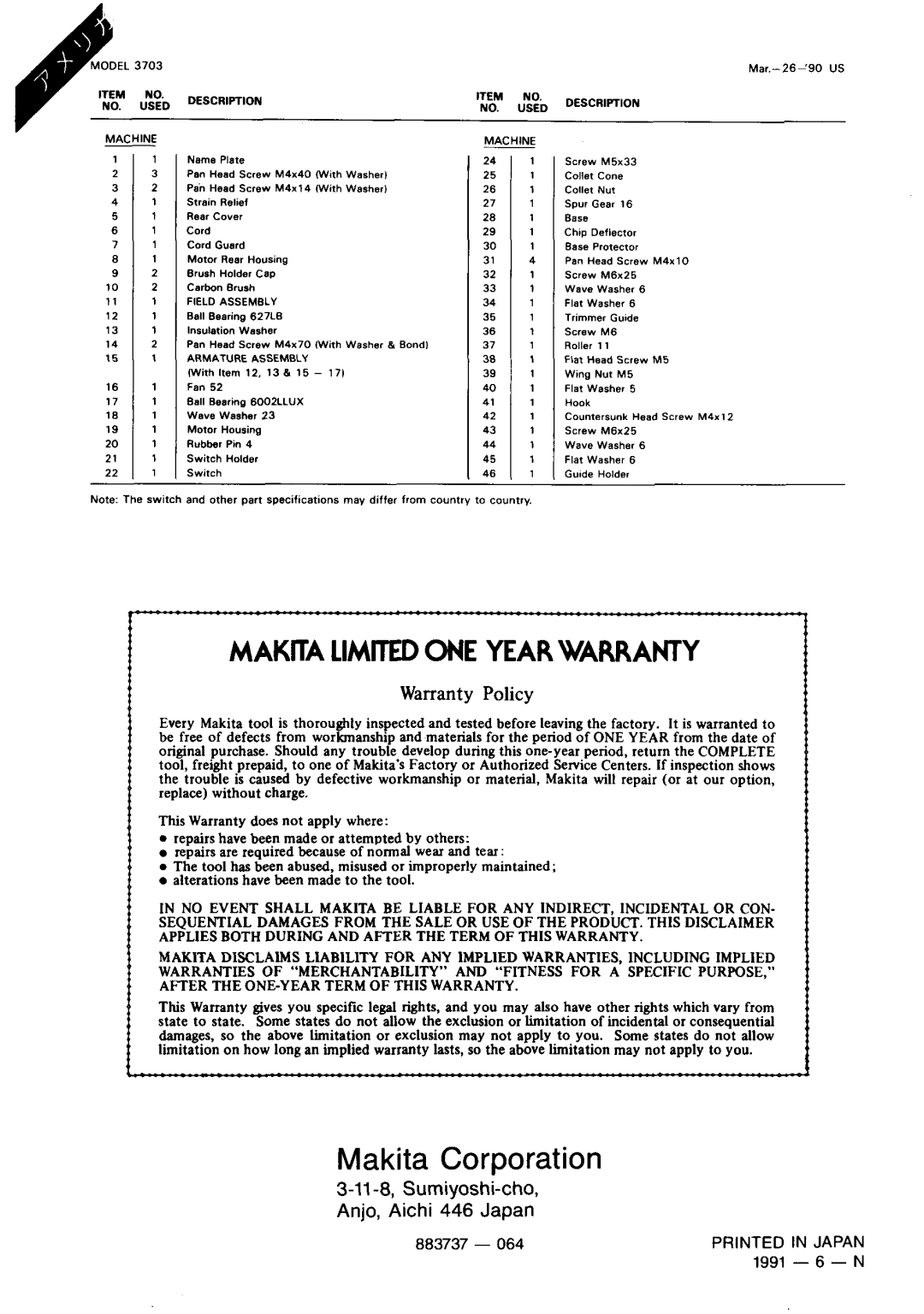 Makita 3703 Makiia Limited One Year Warranty, Makita Corporation, Warranty Policy, 1991 - 6 - N, Rubbsr Pm 