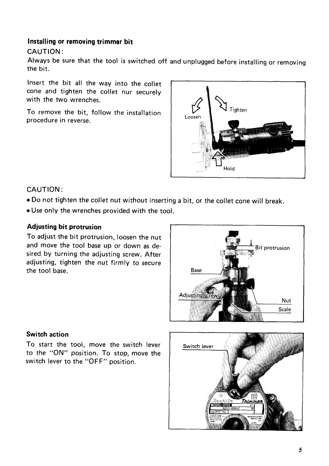 Makita 3703 instruction manual Installing or removing trimmer bit, Adjusting bit protrusion, Switch action 