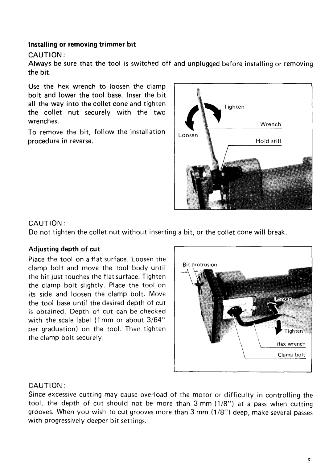 Makita 3705 instruction manual Installing or removing trimmer bit 