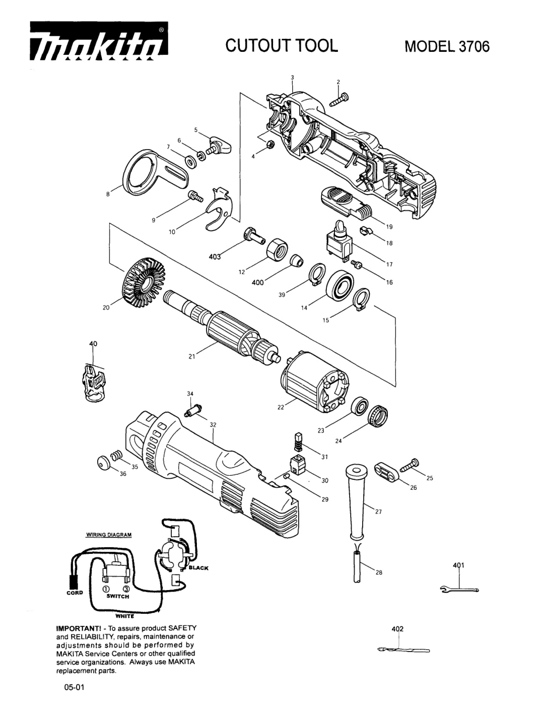 Makita 3706 manual Cutout Tool, Model 