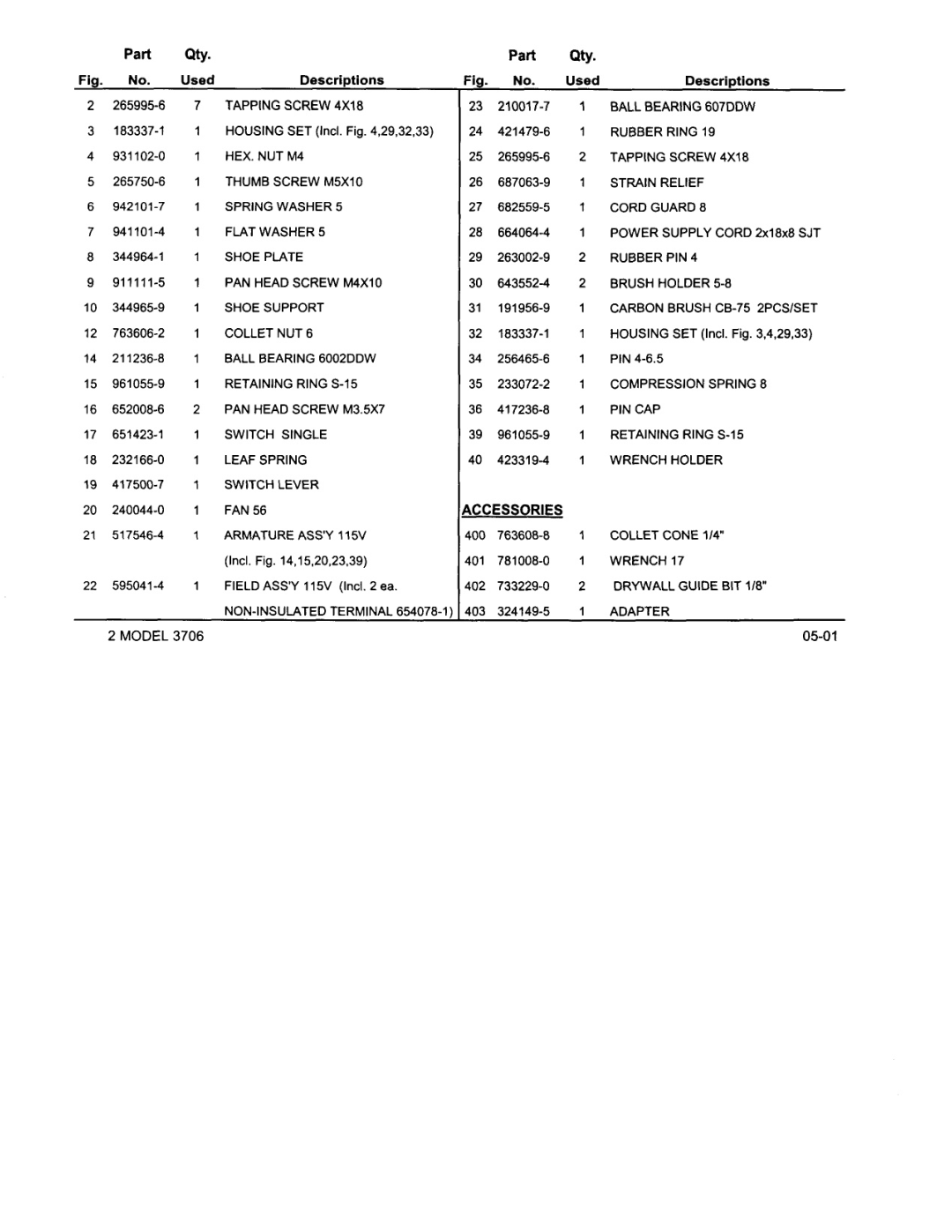 Makita 3706 manual Part Qty, Ccessories 