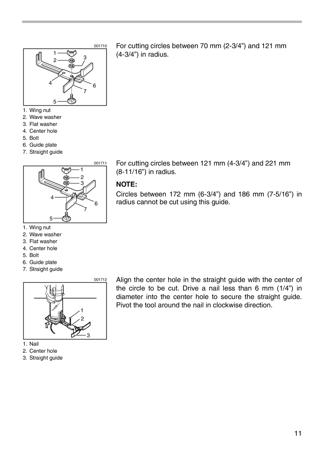 Makita 3707FC instruction manual Nail Center hole Straight guide 