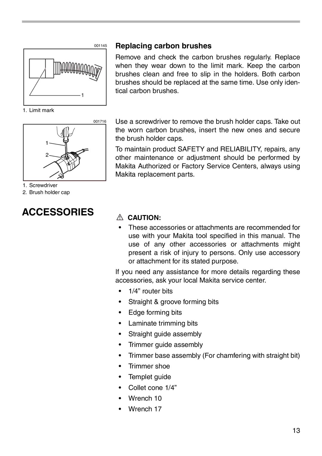 Makita 3707FC instruction manual Accessories, Replacing carbon brushes 