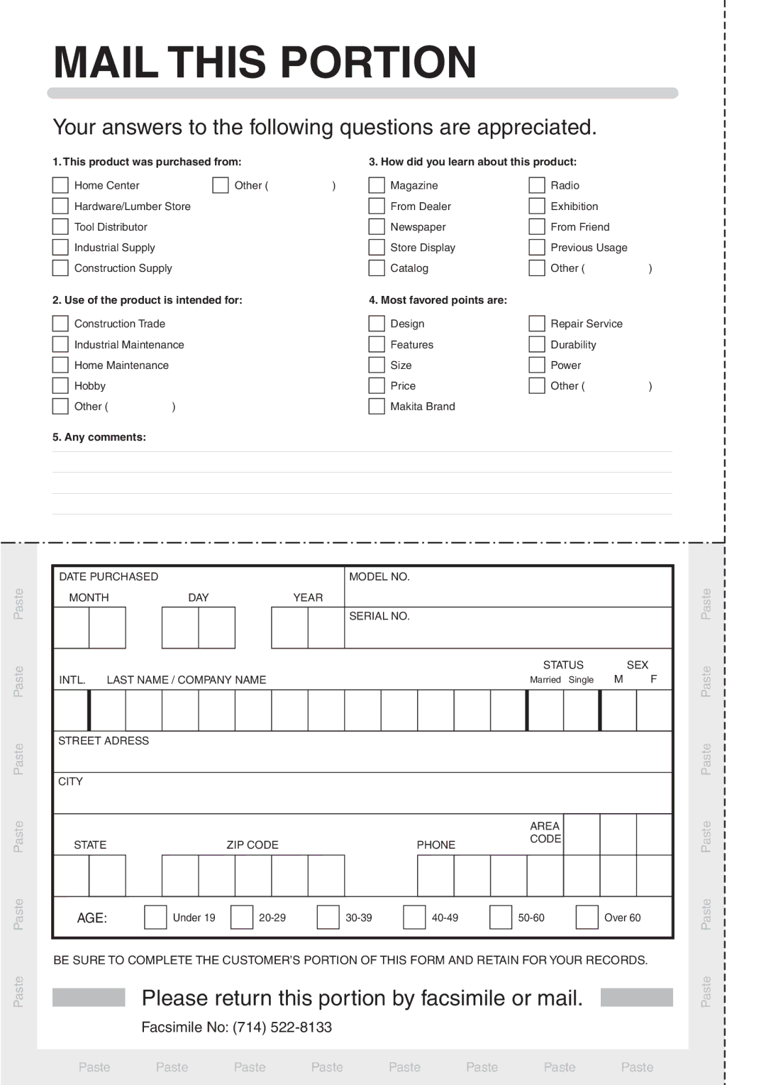 Makita 3707FC instruction manual Mail this Portion 