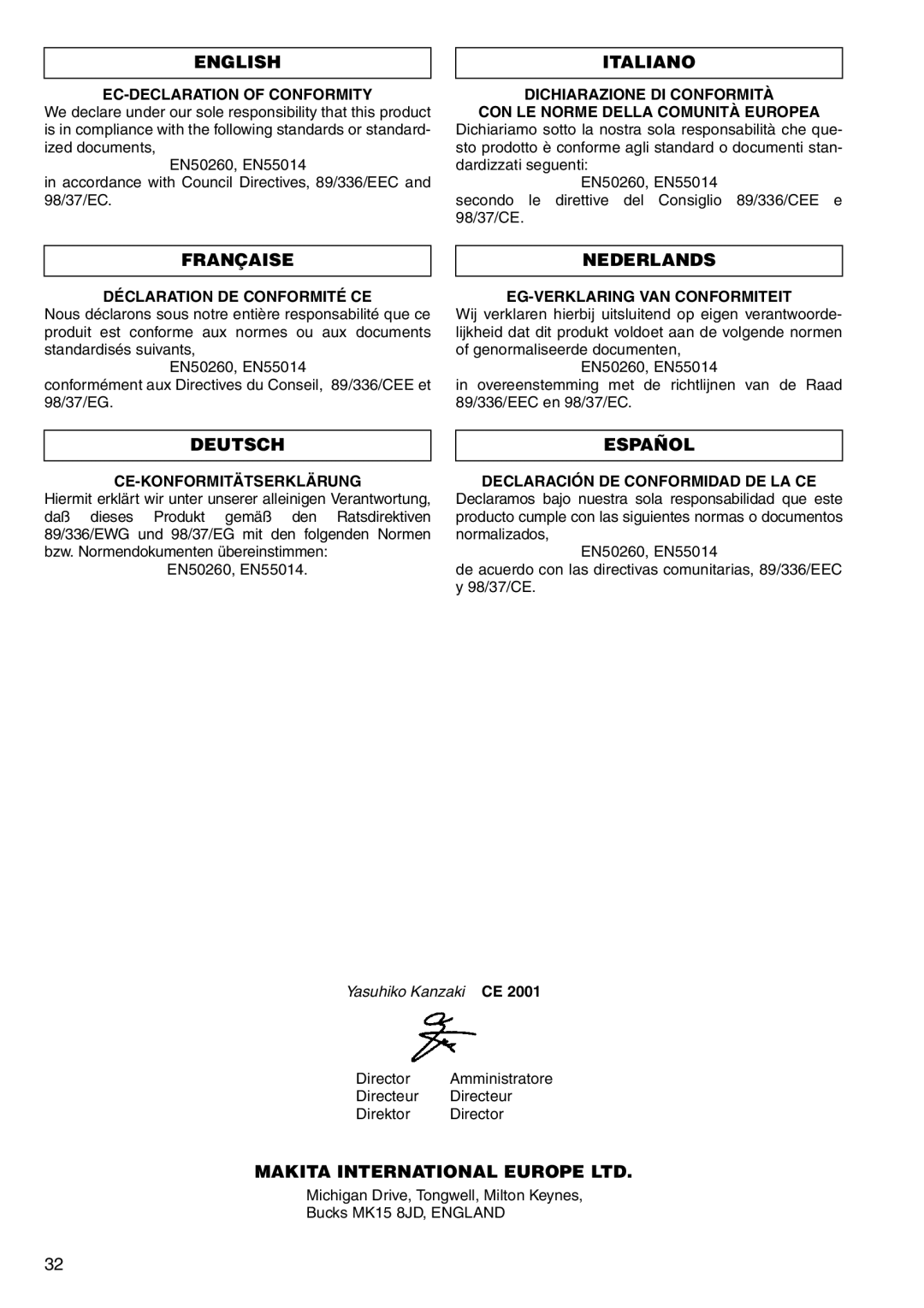 Makita 4013D, 4033D instruction manual English, Italiano, Française, Nederlands, Deutsch, Español 